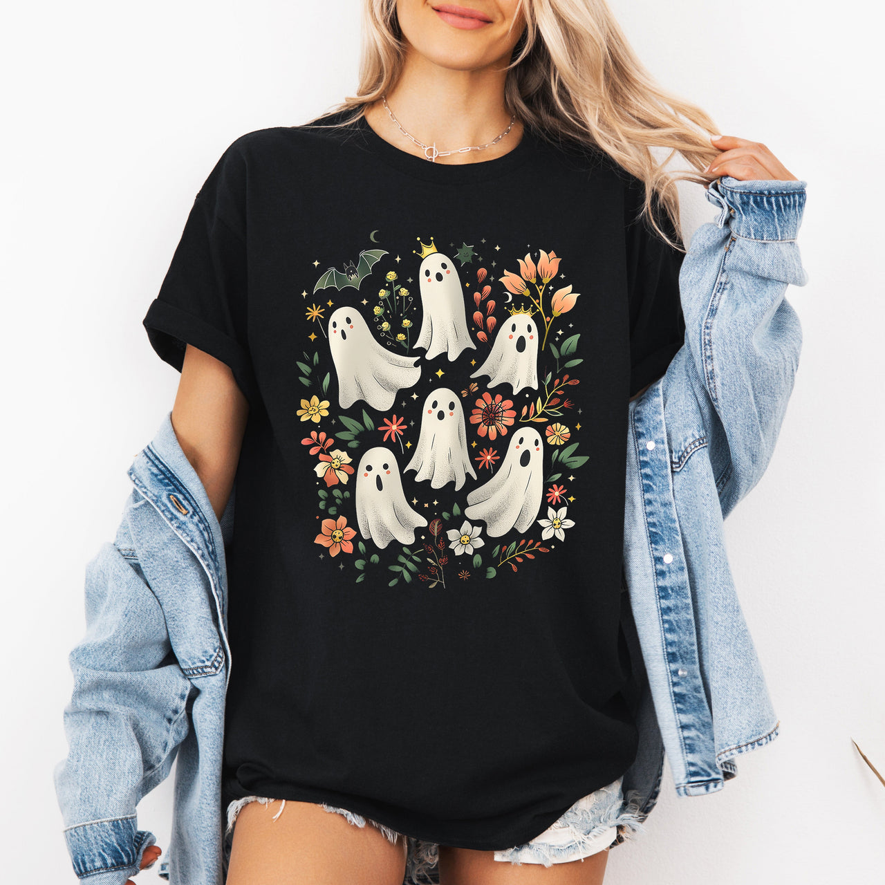 Floral Ghosts Beautiful Halloween Coquette Girly Autumn Fall Gothic Elegant Graphic Tee