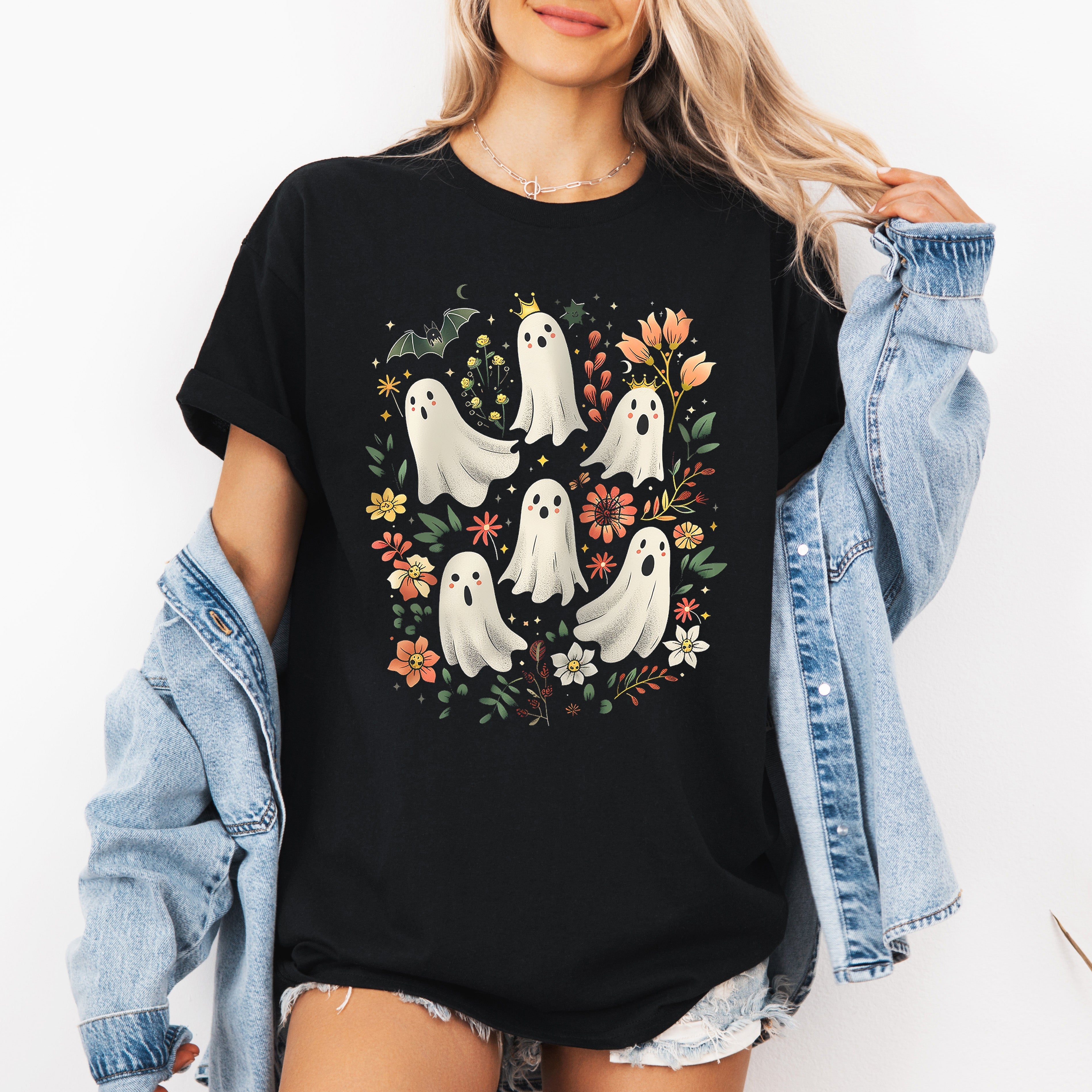 Floral Ghosts Beautiful Halloween Coquette Girly Autumn Fall Gothic Elegant Graphic Tee