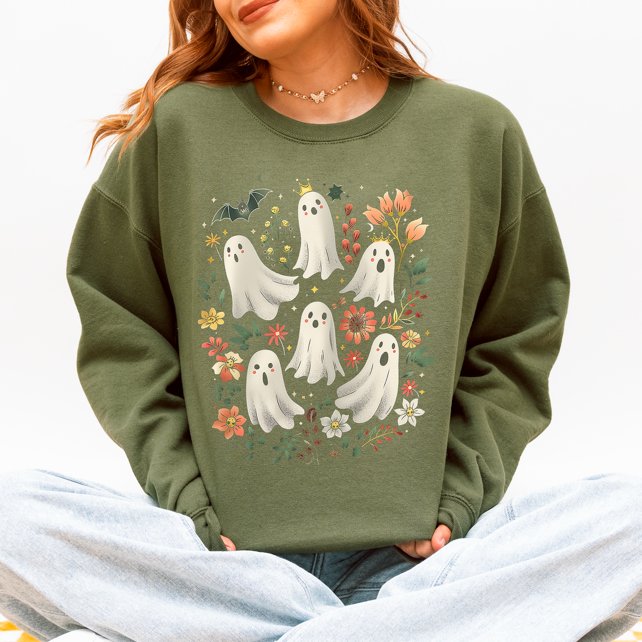 Floral Ghosts Beautiful Halloween Coquette Girly Autumn Fall Gothic Charm Sweatshirt