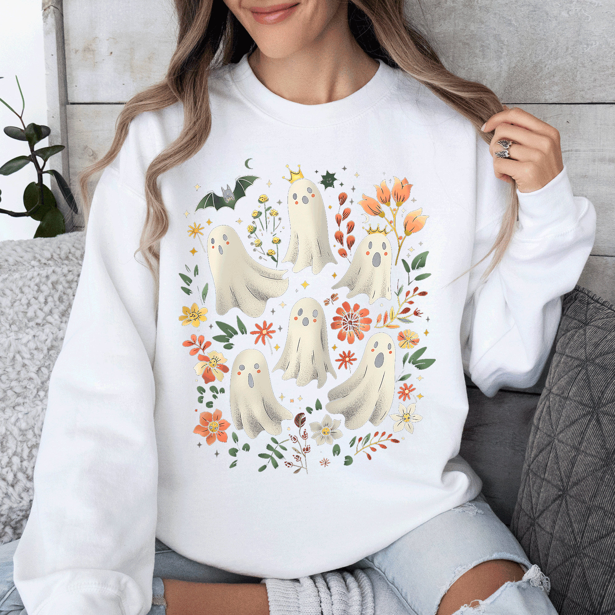 Floral Ghosts Beautiful Halloween Coquette Girly Autumn Fall Gothic Charm Sweatshirt