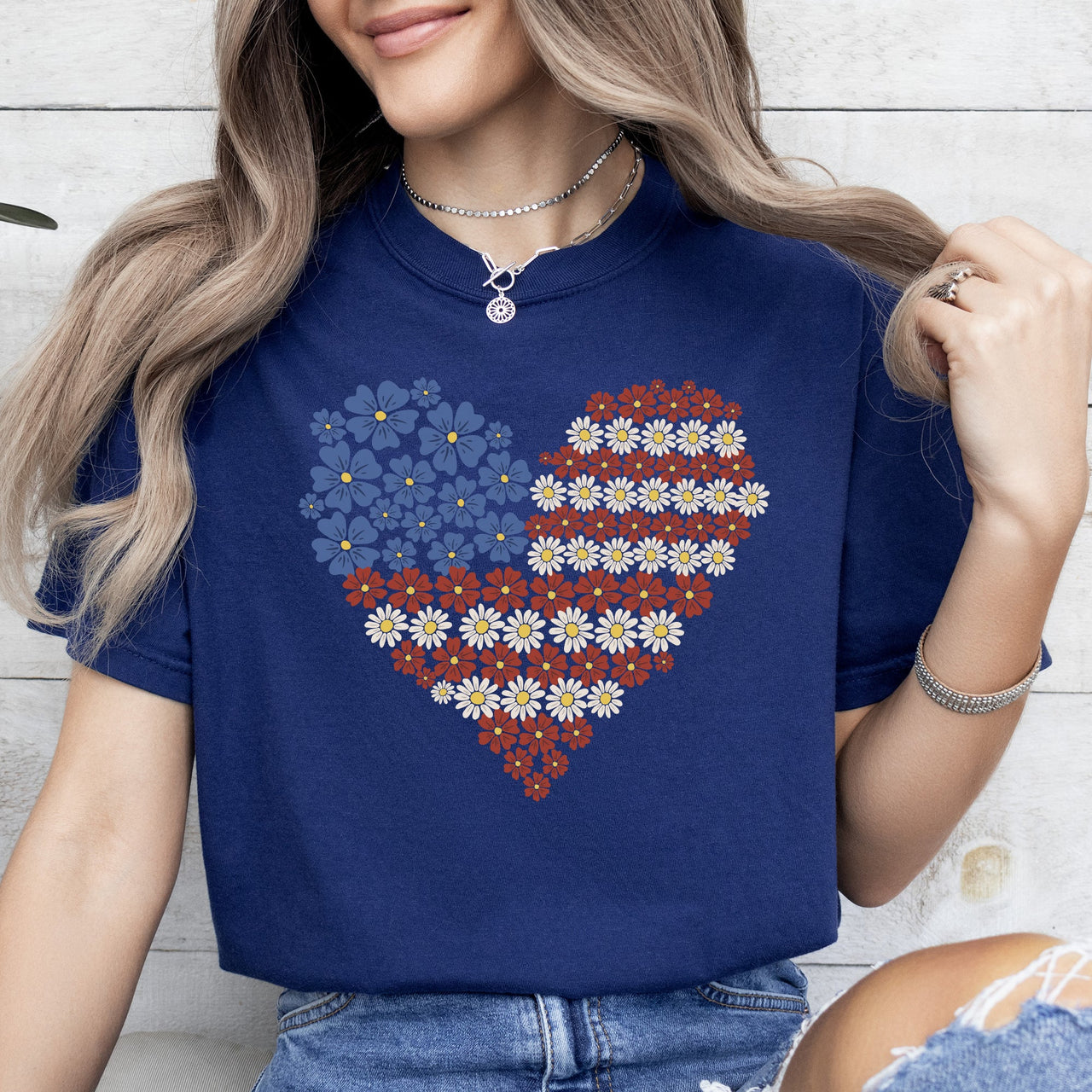 Floral Heart Patriotic Red White Blue USA America 4th Of July Comfort Colors Tee