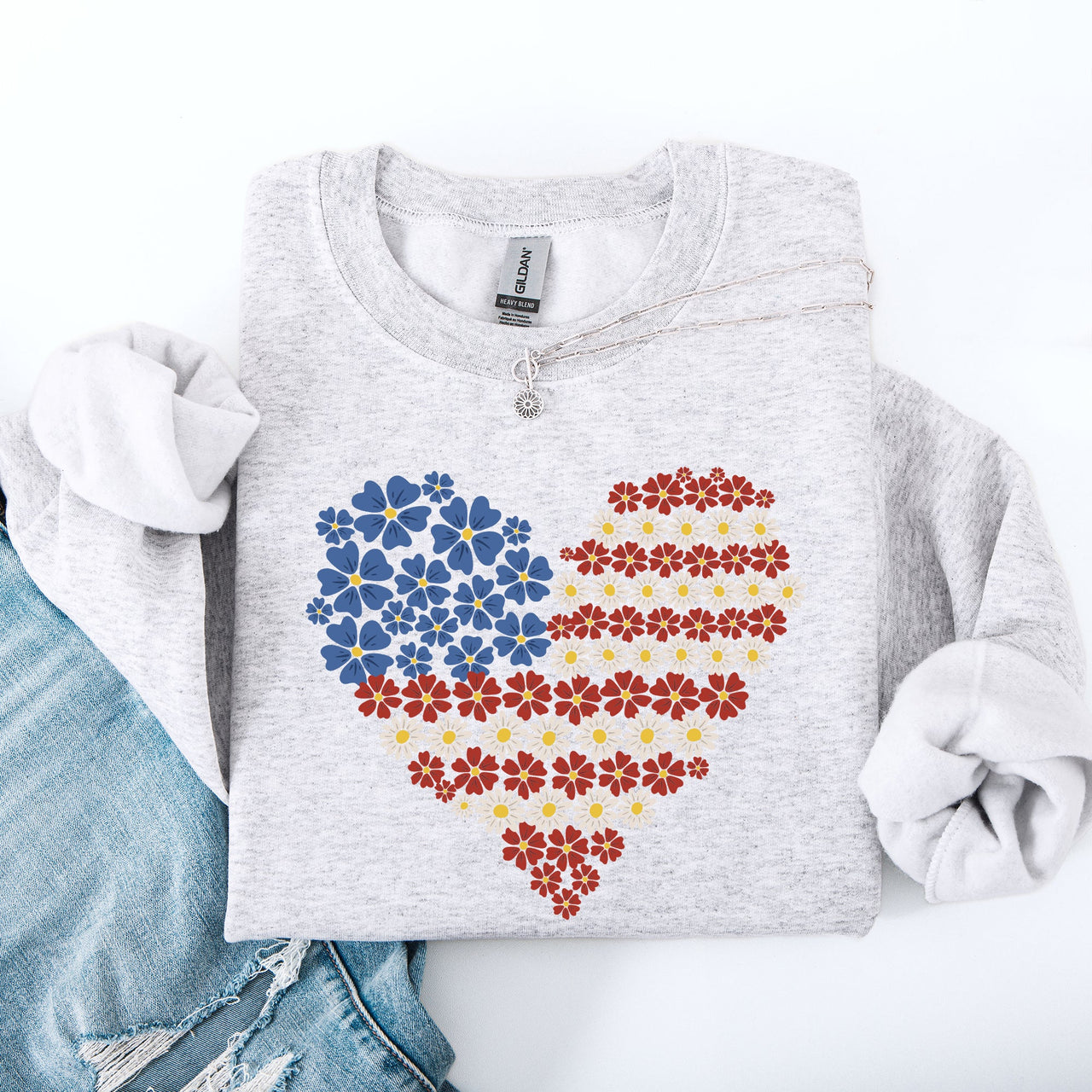 Floral Heart Patriotic Americana Emblem With Red White Blue Accents And Stars Sweatshirt