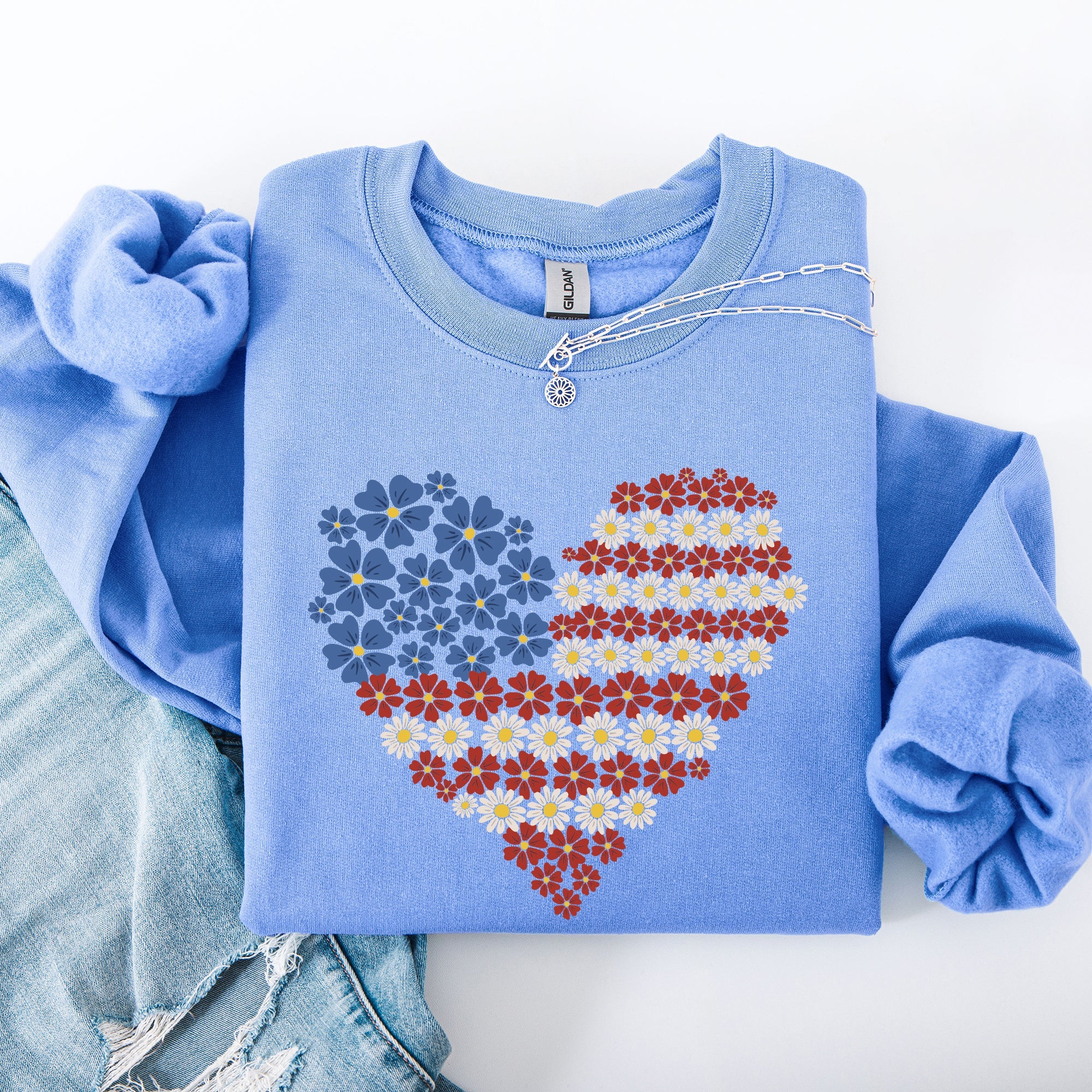 Floral Heart Patriotic Americana Emblem With Red White Blue Accents And Stars Sweatshirt