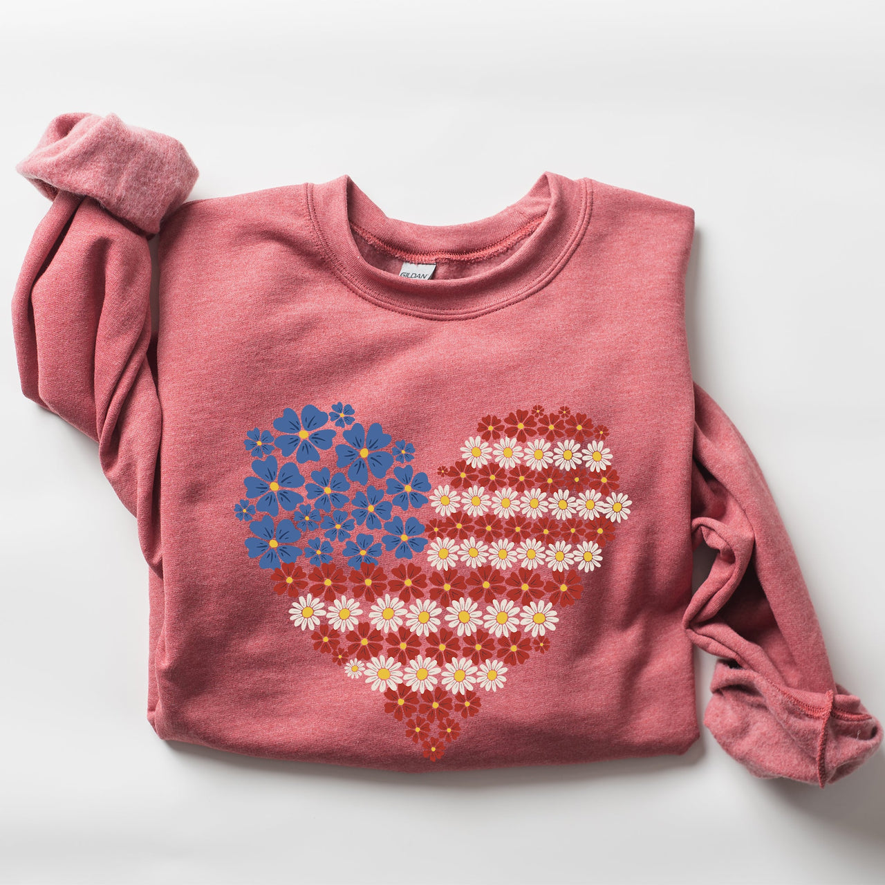 Floral Heart Patriotic Americana Emblem With Red White Blue Accents And Stars Sweatshirt