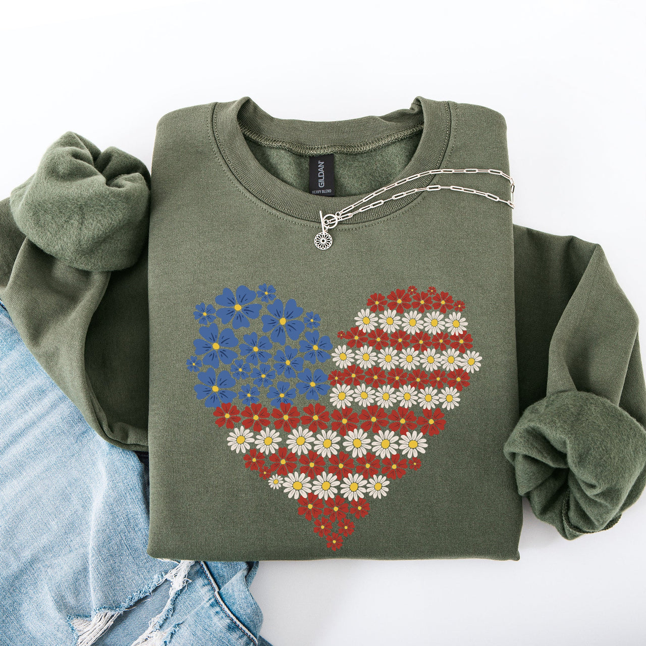Floral Heart Patriotic Americana Emblem With Red White Blue Accents And Stars Sweatshirt