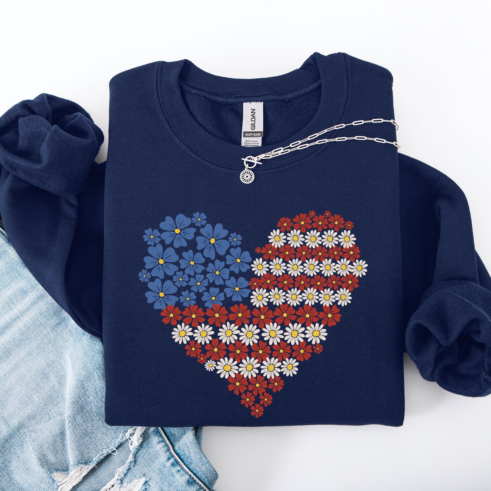 Floral Heart Patriotic Americana Emblem With Red White Blue Accents And Stars Sweatshirt