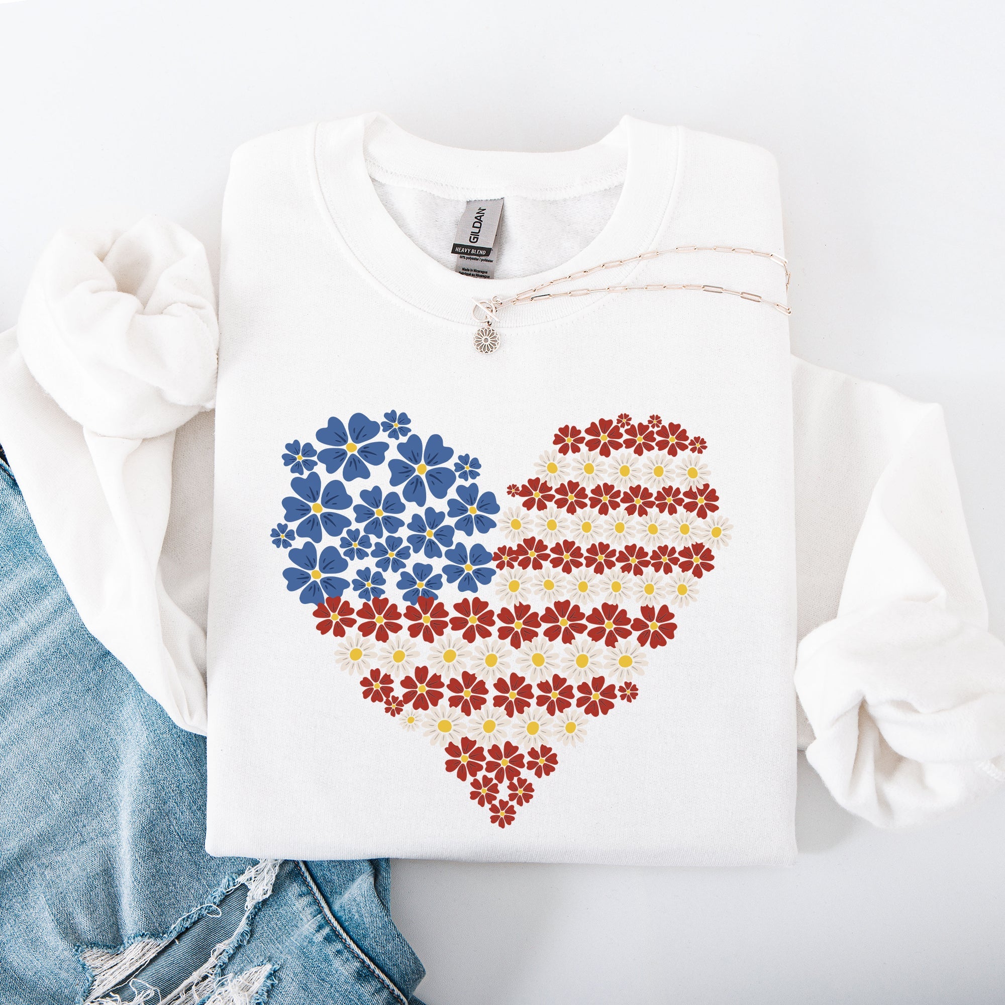 Floral Heart Patriotic Americana Emblem With Red White Blue Accents And Stars Sweatshirt