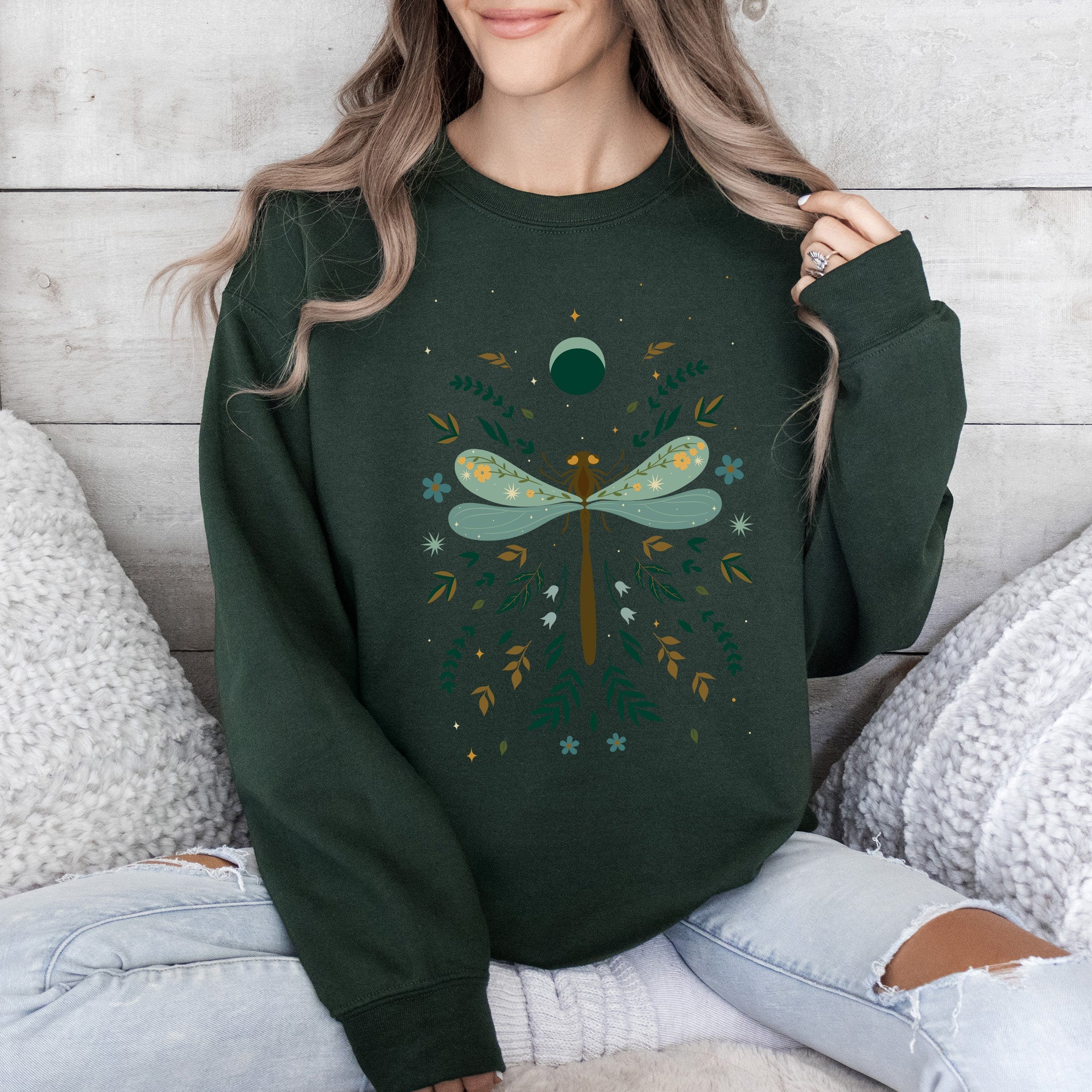 Floral Night Sky, Dragonfly, Moon, And Blooms Celestial Garden Limited Edition Sweatshirt