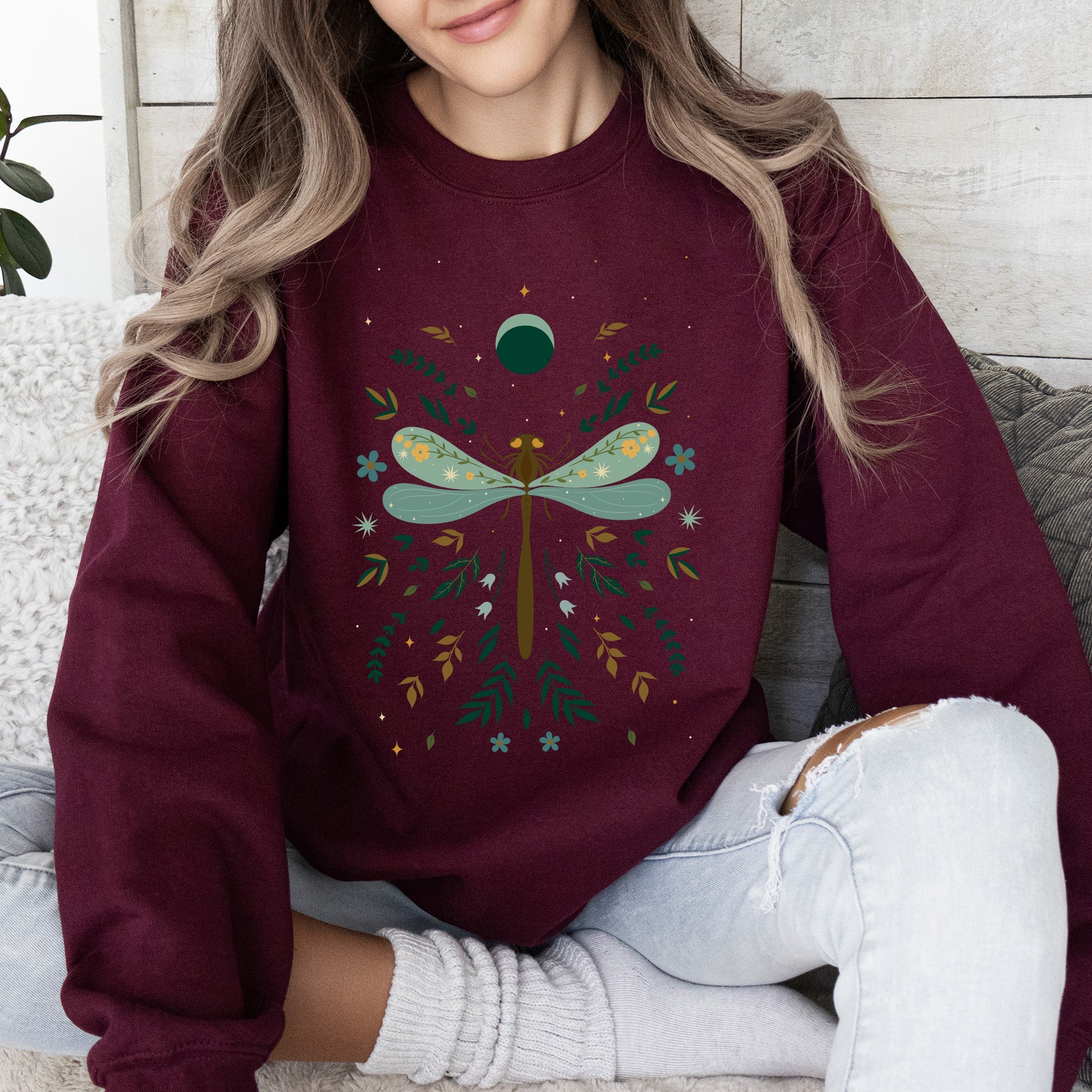 Floral Night Sky, Dragonfly, Moon, And Blooms Celestial Garden Limited Edition Sweatshirt