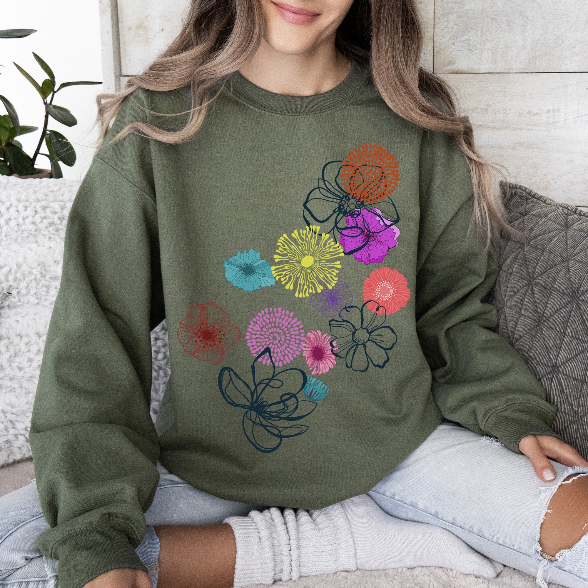 Floral Outlines Leaves Flowers Colorful Botanical Artwork Nature Inspired Cozy Sweatshirt