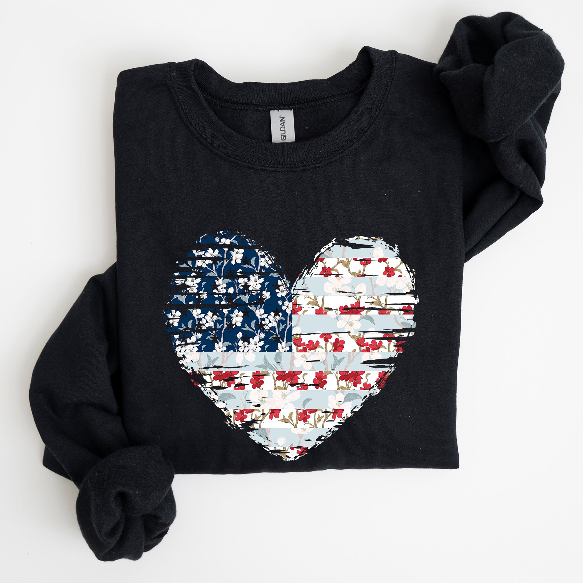 Floral Patriotic Heart Flag USA Stars Stripes Ethereal Garden Collection Sweatshirt