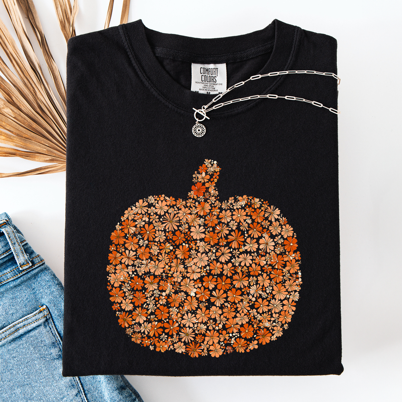 Floral Pumpkin Autumn Flowers Fall Seasonal Botanical Design Art Print Comfort Colors Tee