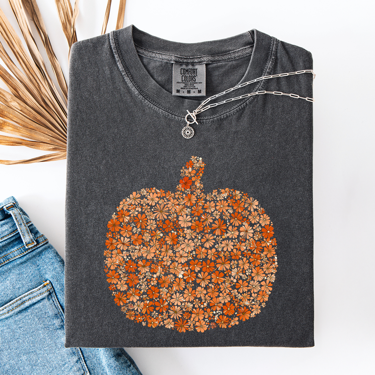 Floral Pumpkin Autumn Flowers Fall Seasonal Botanical Design Art Print Comfort Colors Tee