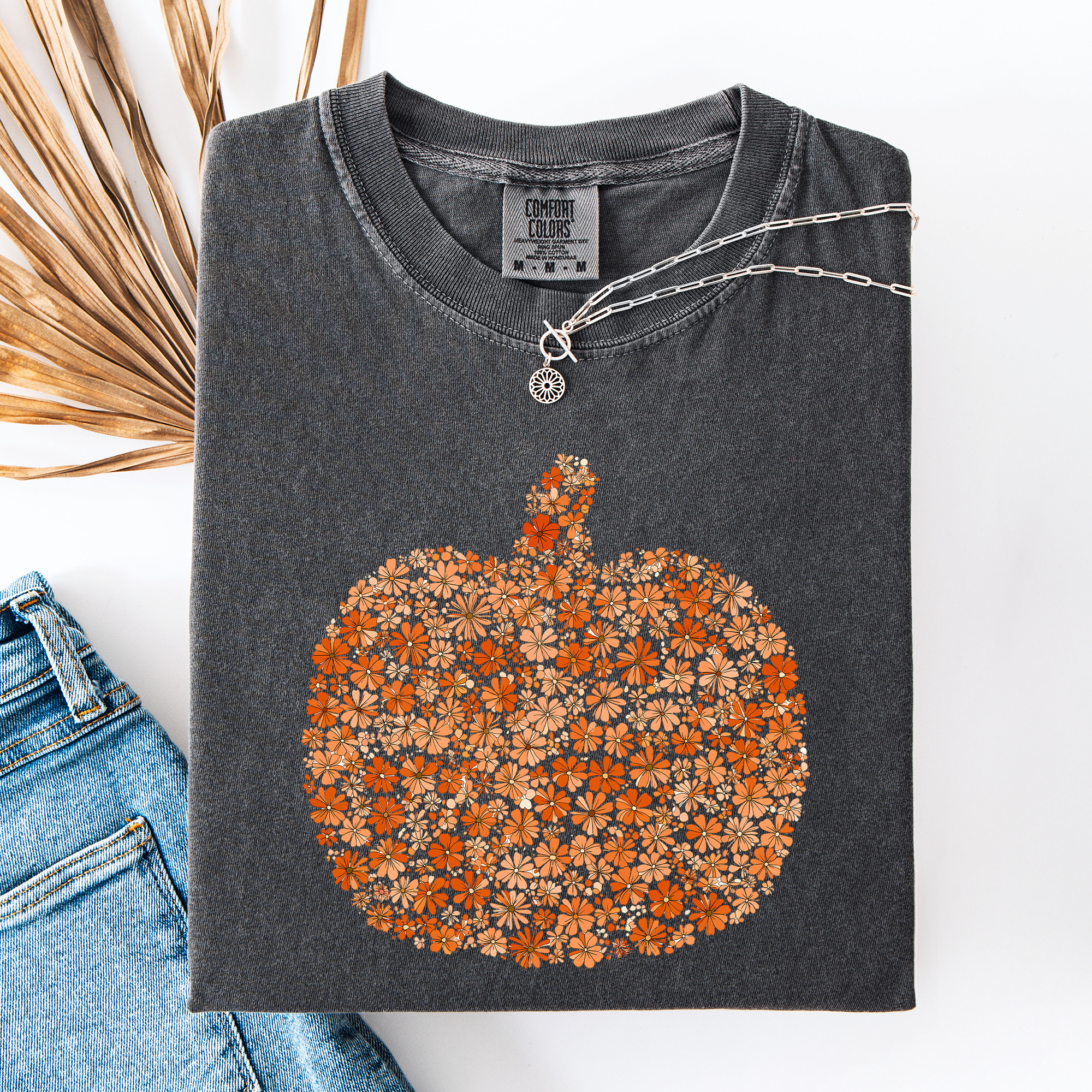Floral Pumpkin Autumn Flowers Fall Seasonal Botanical Design Art Print Comfort Colors Tee