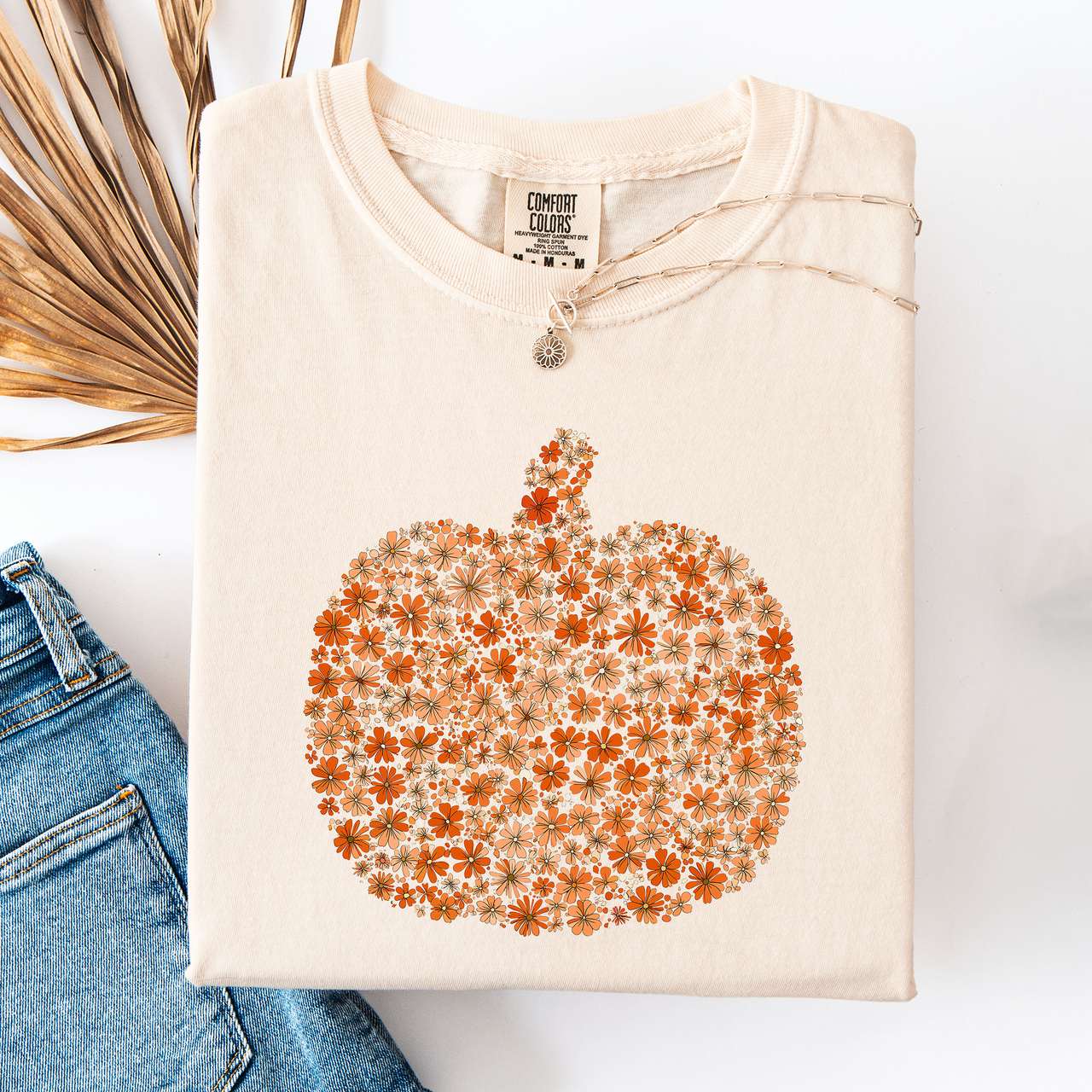 Floral Pumpkin Autumn Flowers Fall Seasonal Botanical Design Art Print Comfort Colors Tee