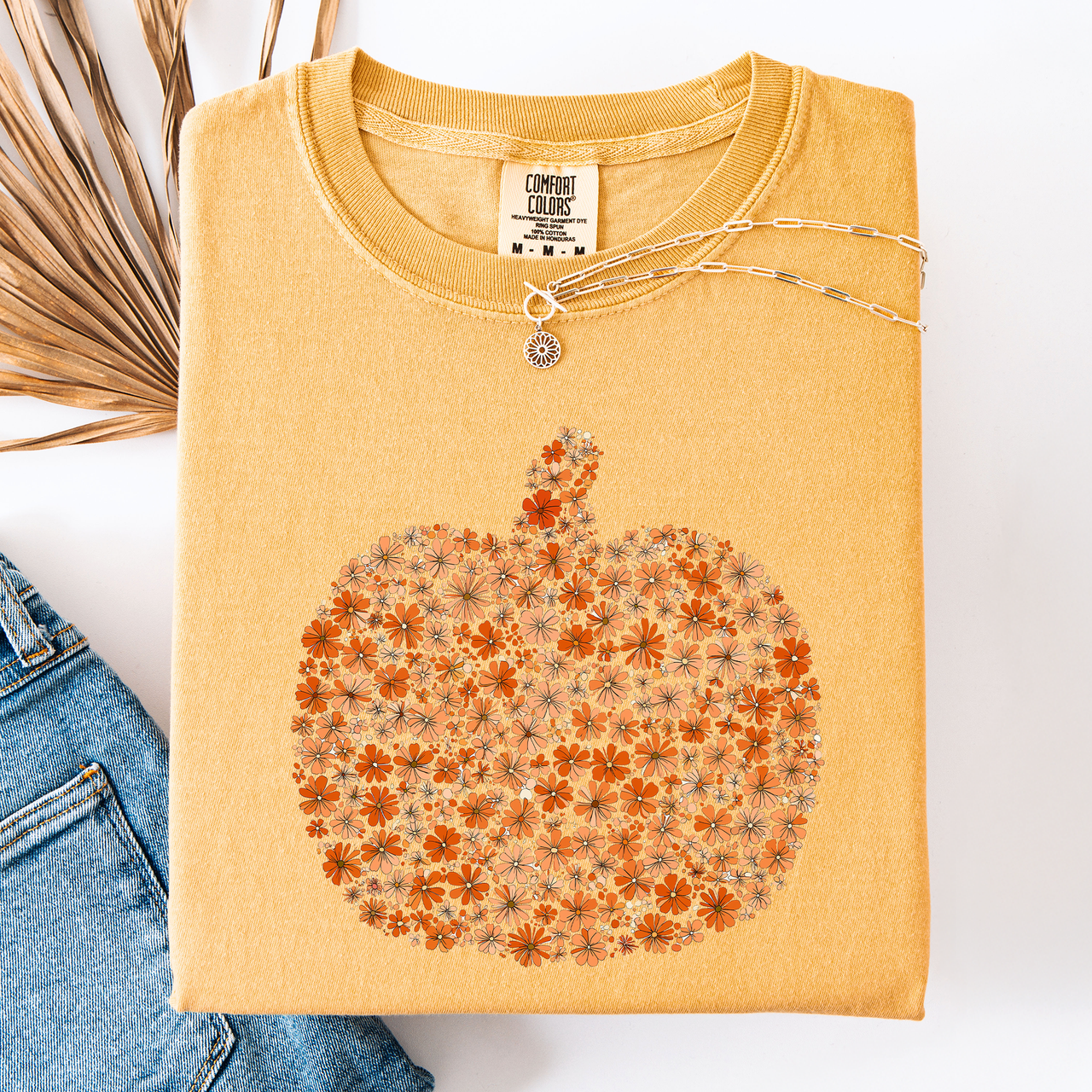 Floral Pumpkin Autumn Flowers Fall Seasonal Botanical Design Art Print Comfort Colors Tee