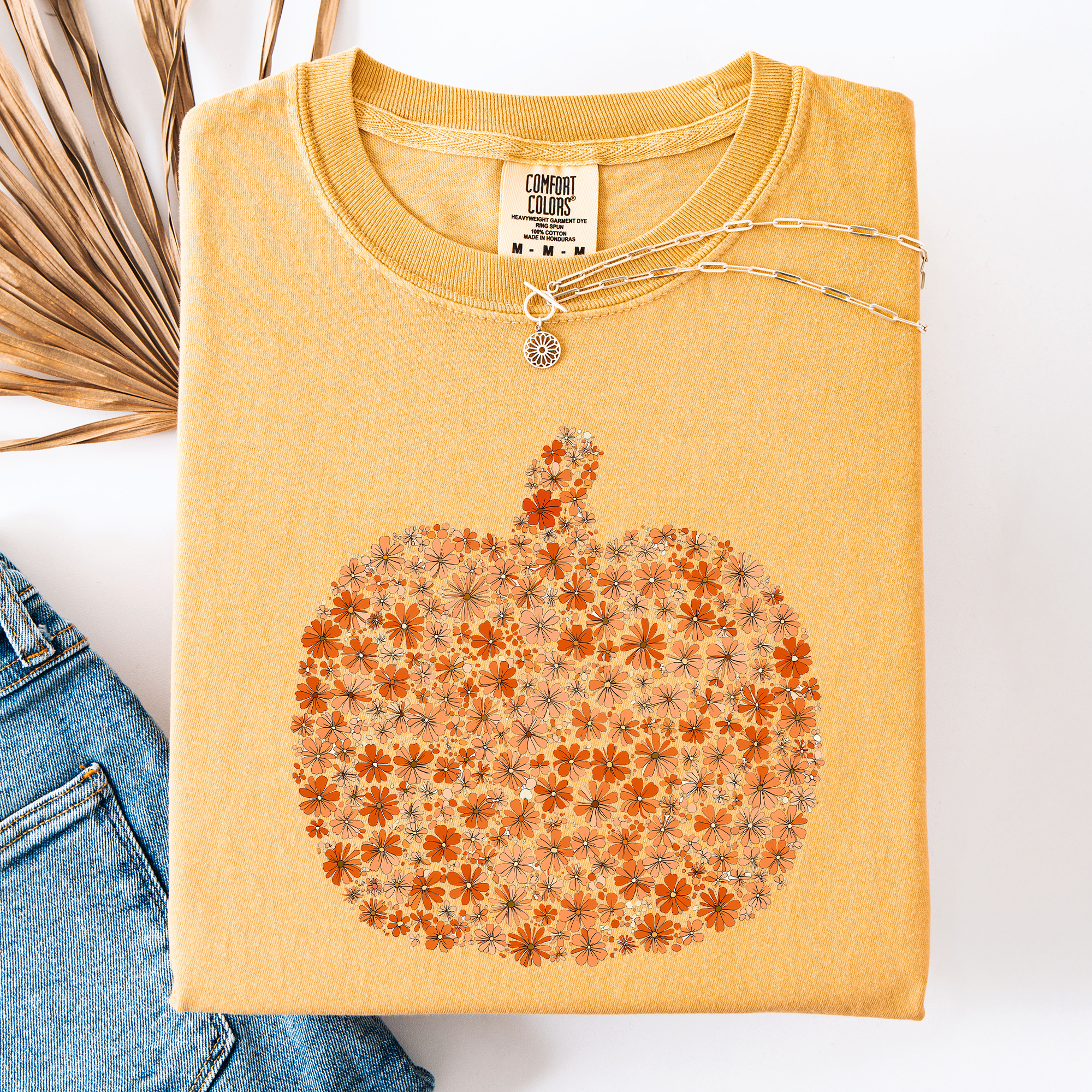 Floral Pumpkin Autumn Flowers Fall Seasonal Botanical Design Art Print Comfort Colors Tee