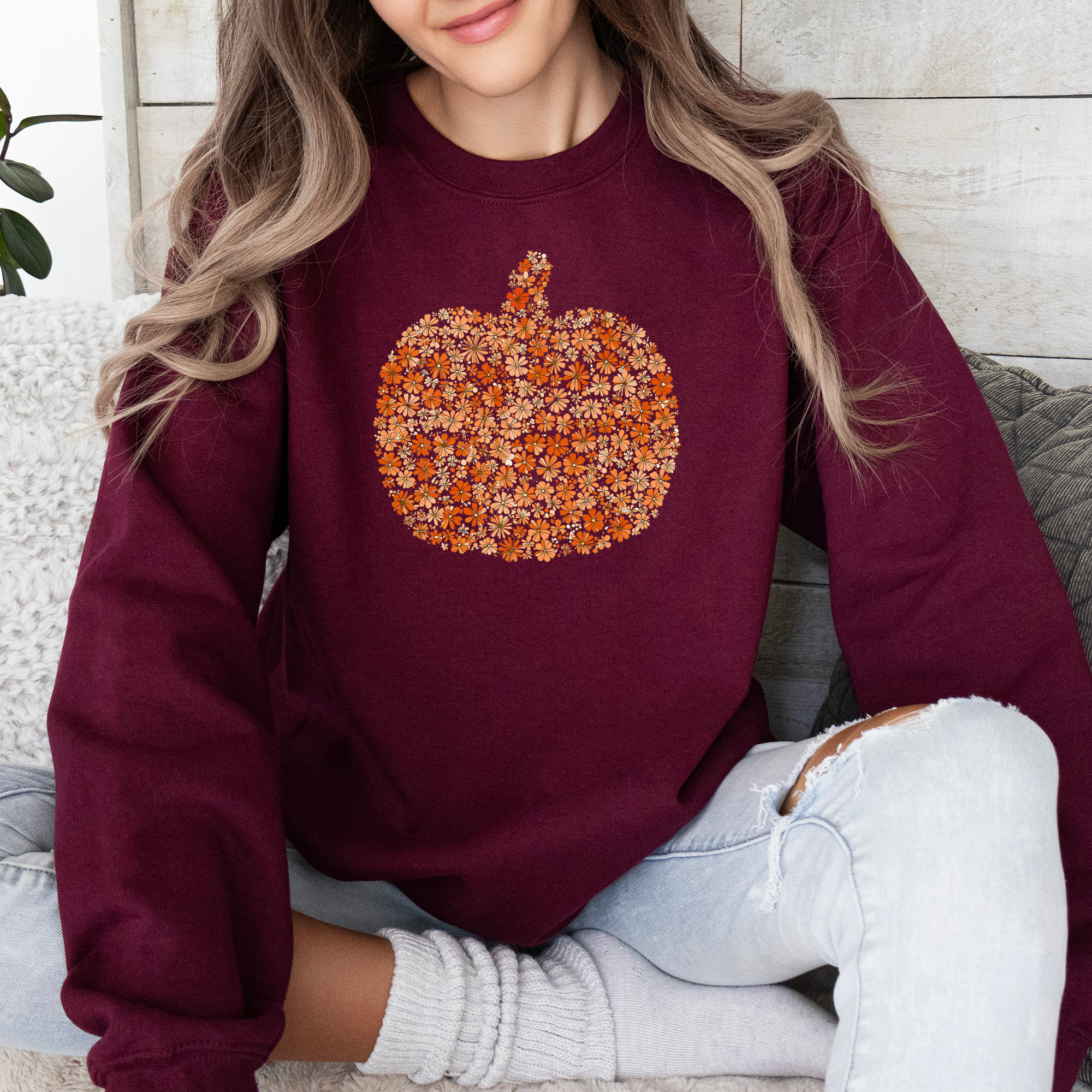 Floral Pumpkin And Autumn Flowers Farmhouse Cozy Handpicked Blooms For Cold Weather Sweatshirt
