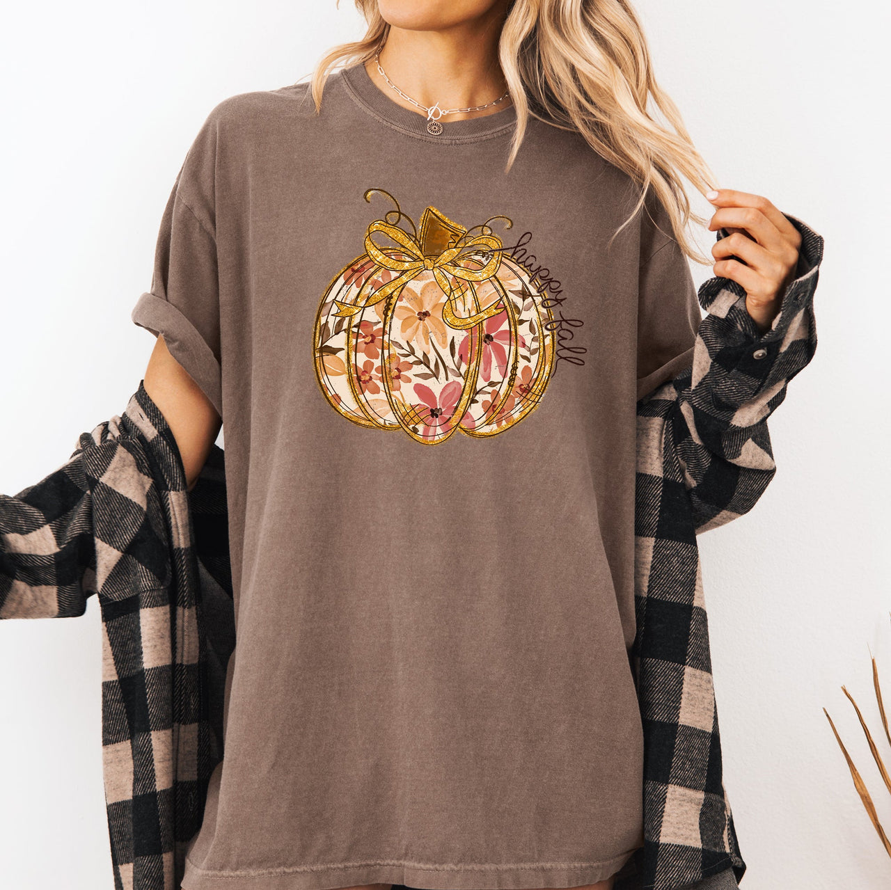 Floral Pumpkin Happy Fall Flowers Autumn Thanksgiving Harvest Seasonal Design Comfort Colors Tee