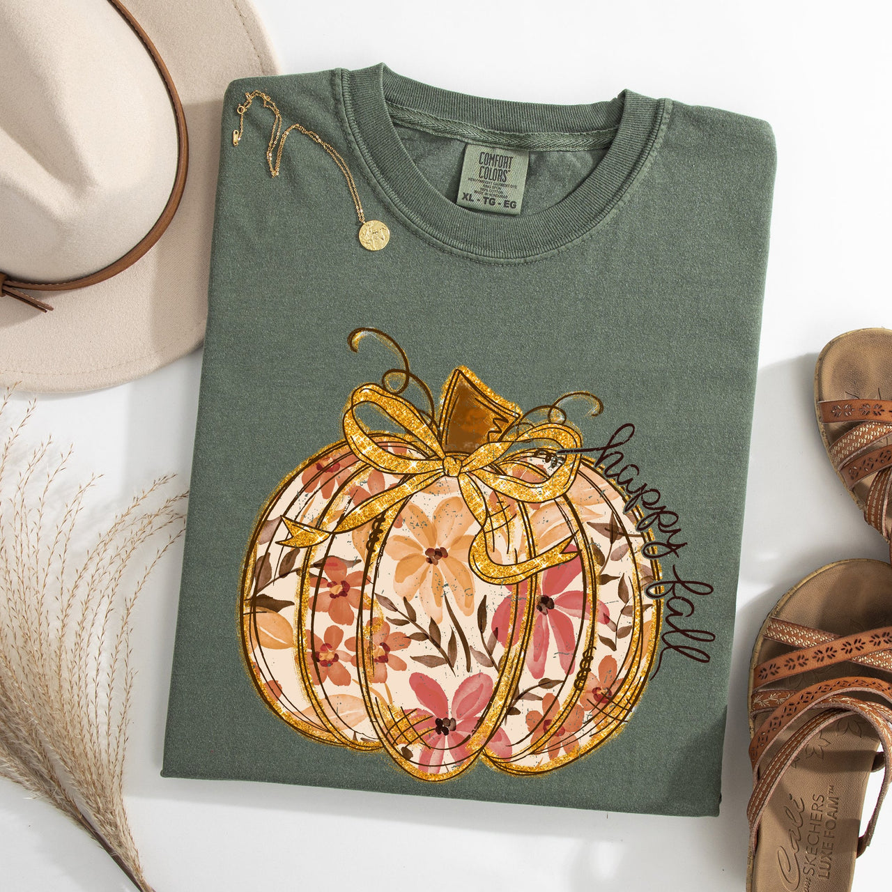 Floral Pumpkin Happy Fall Flowers Autumn Thanksgiving Harvest Seasonal Design Comfort Colors Tee