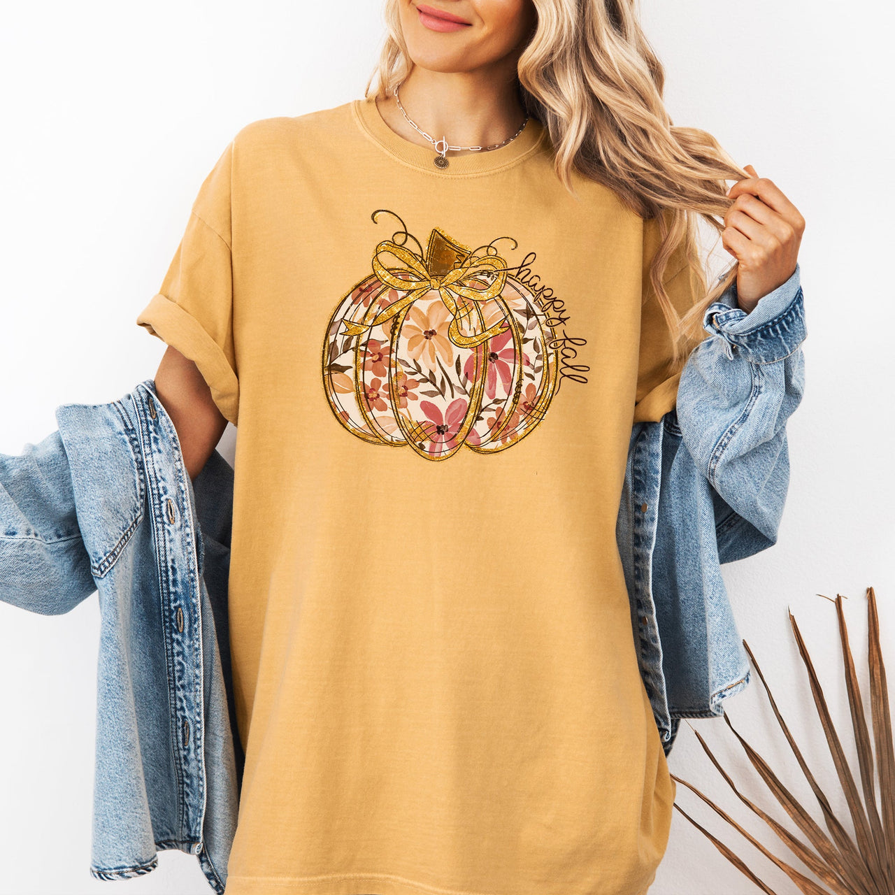 Floral Pumpkin Happy Fall Flowers Autumn Thanksgiving Harvest Seasonal Design Comfort Colors Tee