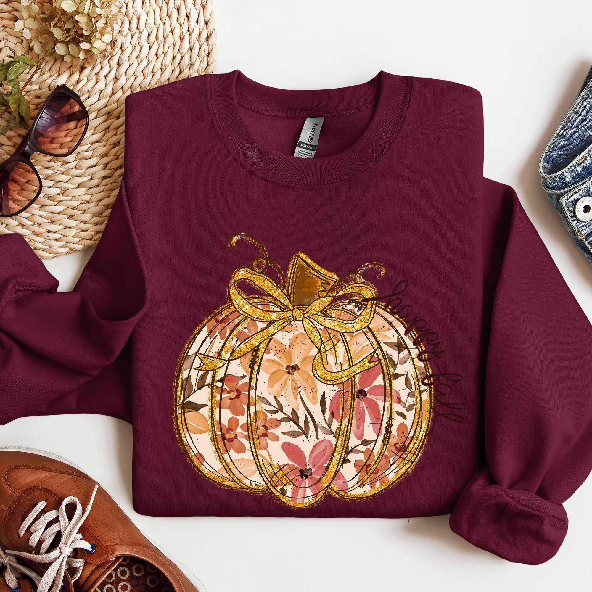 Floral Pumpkin Happy Fall Flowers Autumn Thanksgiving Harvest Graphic Sweatshirt
