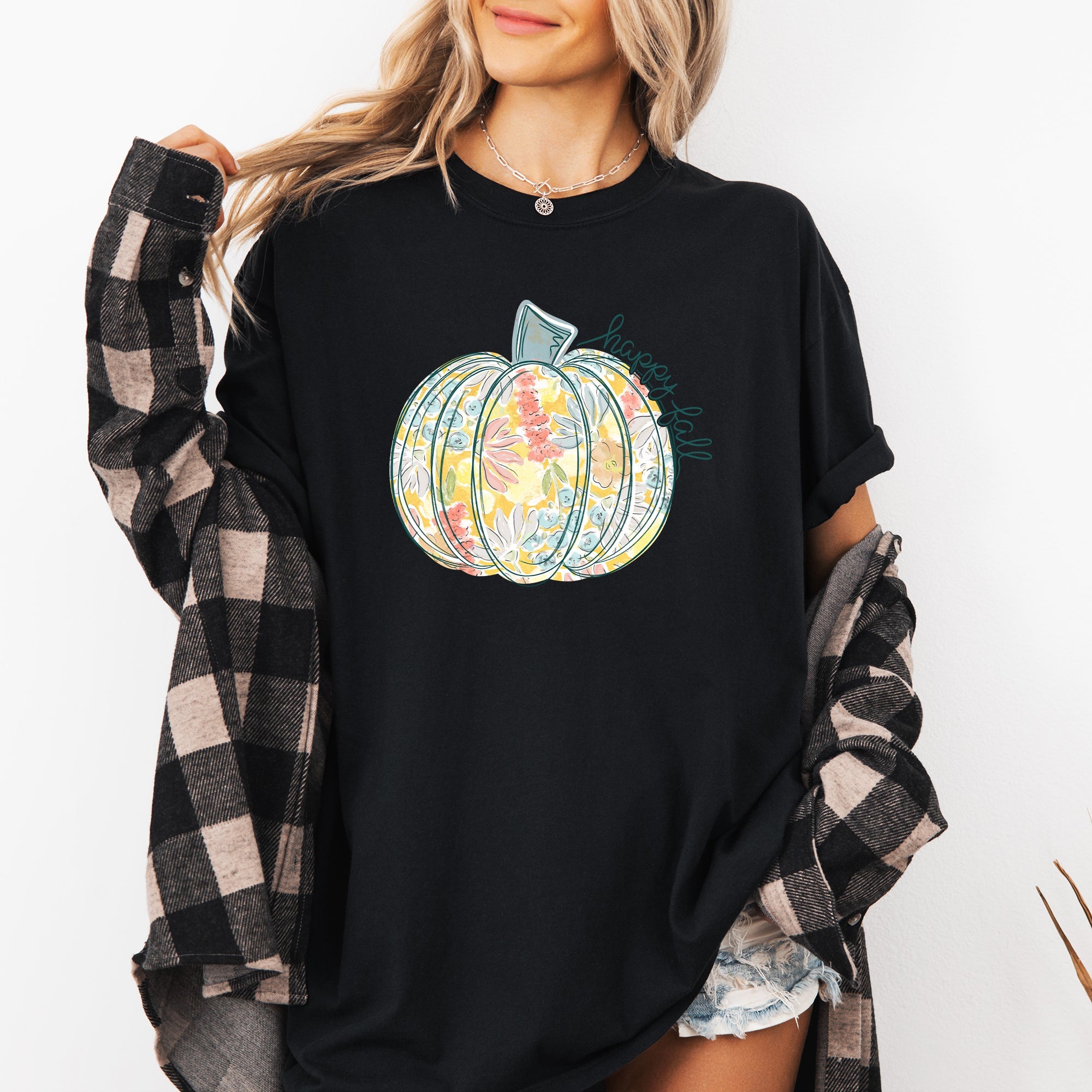 Floral Pumpkin Happy Fall Pastels Flowers Autumn Thanksgiving Comfort Colors Tee