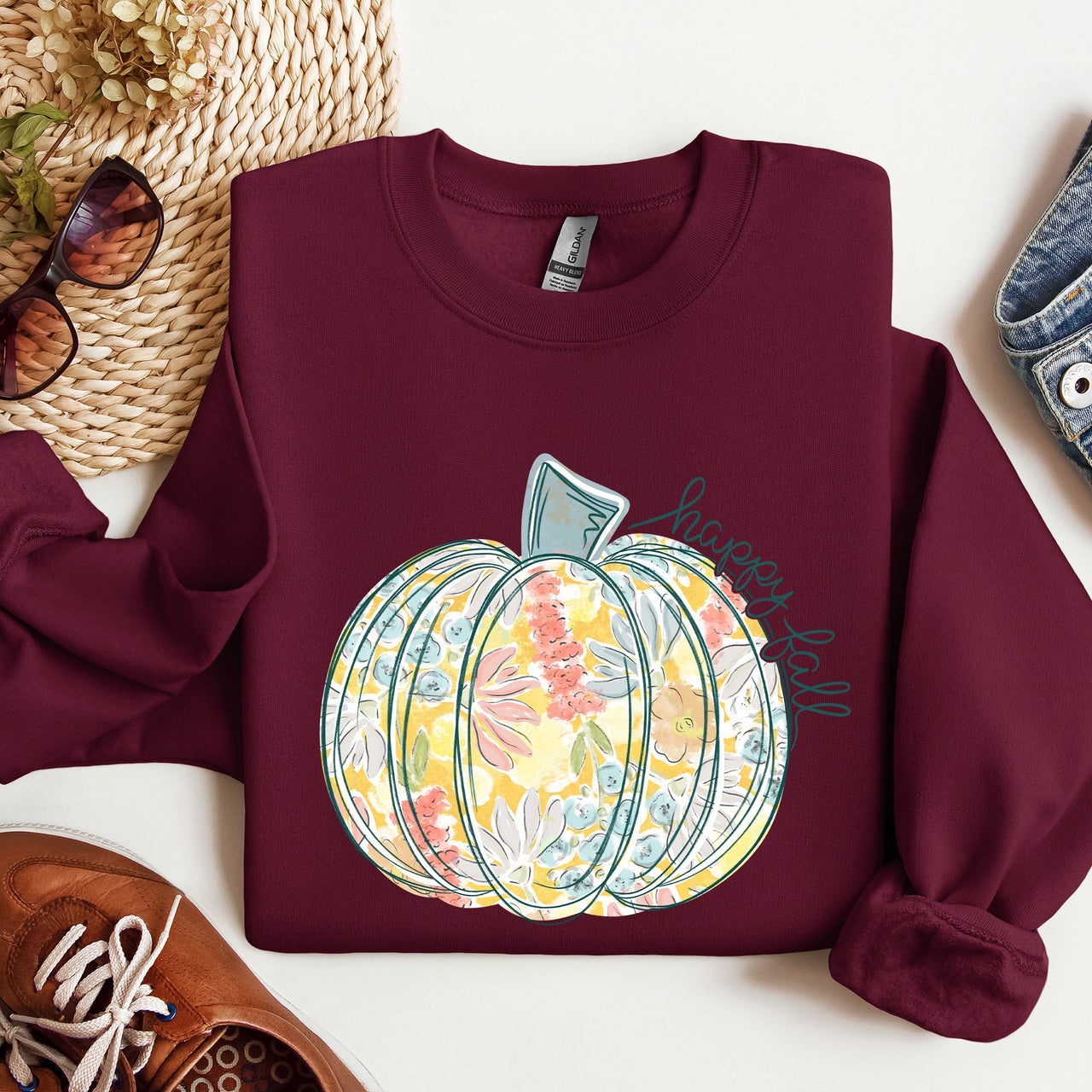 Floral Pumpkin Happy Fall Pastels Flowers Autumn Seasonal Thanksgiving Cozy Sweatshirt