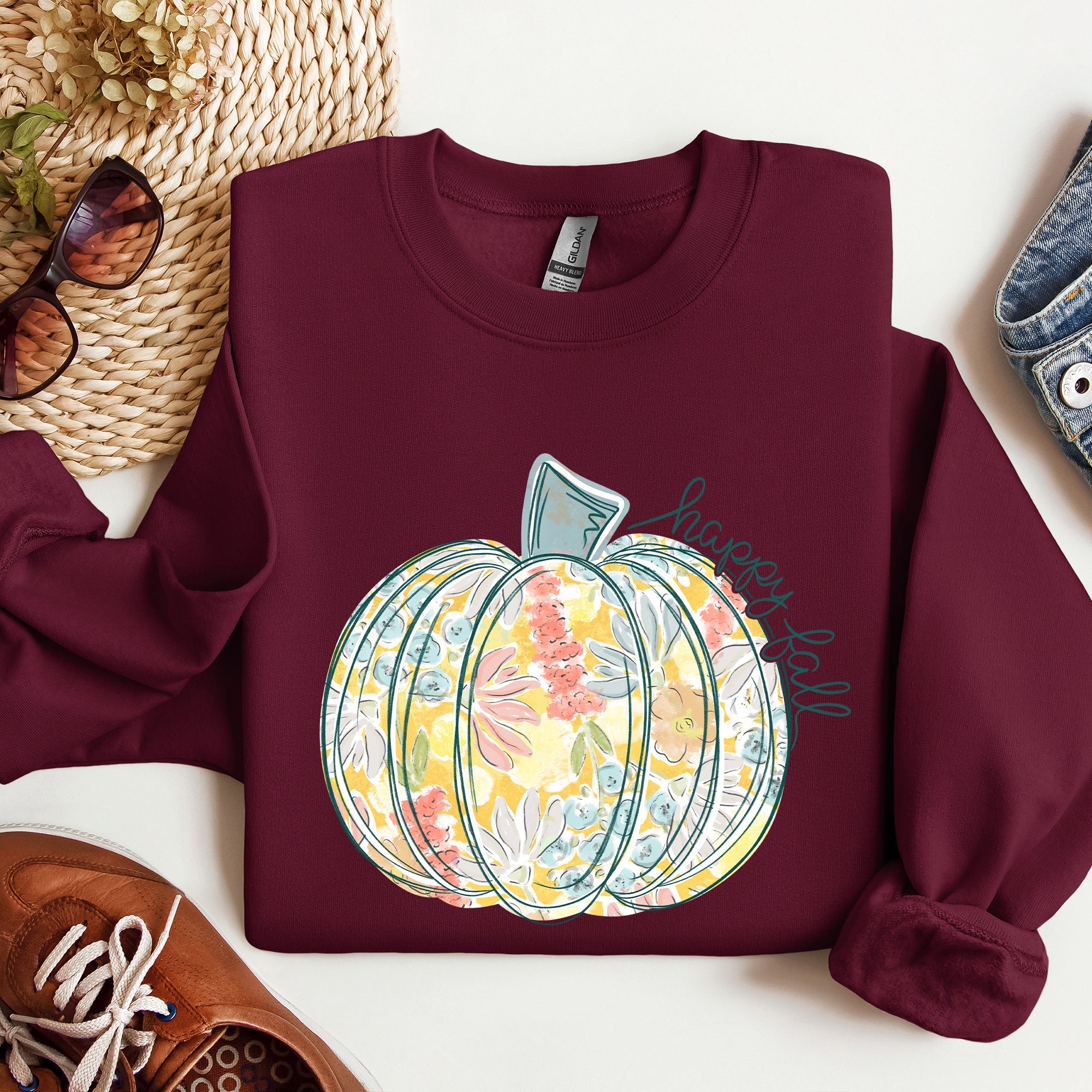 Floral Pumpkin Happy Fall Pastels Flowers Autumn Seasonal Thanksgiving Cozy Sweatshirt