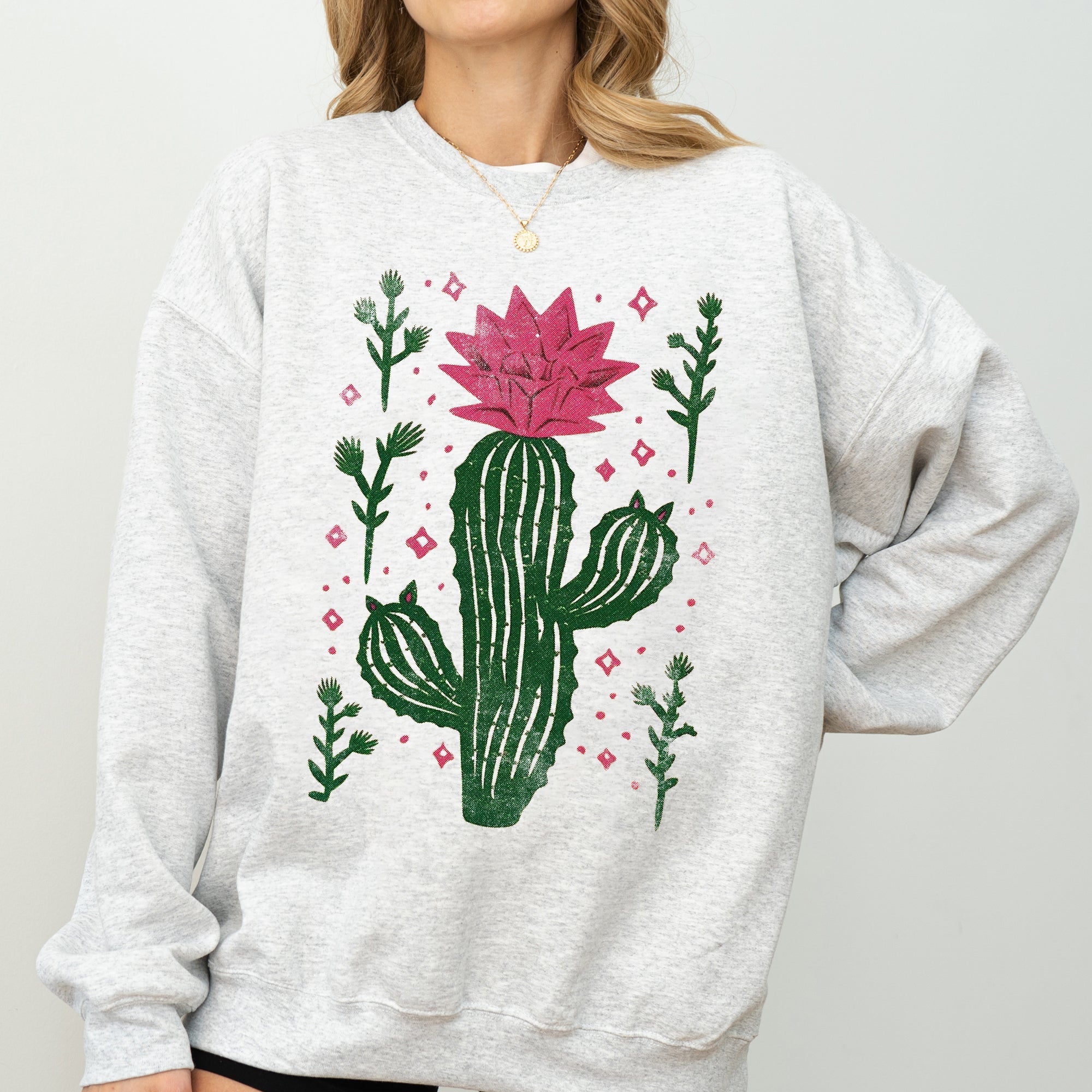 Flowering Desert Cactus and Succulent Plants Cowgirl Western Floral Motif Sweatshirt