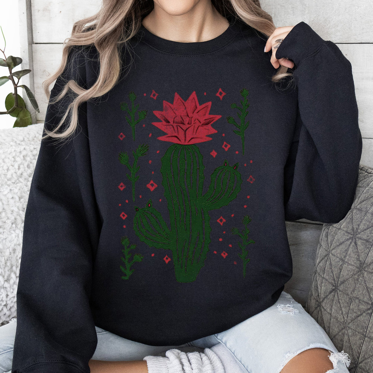 Flowering Desert Cactus and Succulent Plants Cowgirl Western Floral Motif Sweatshirt