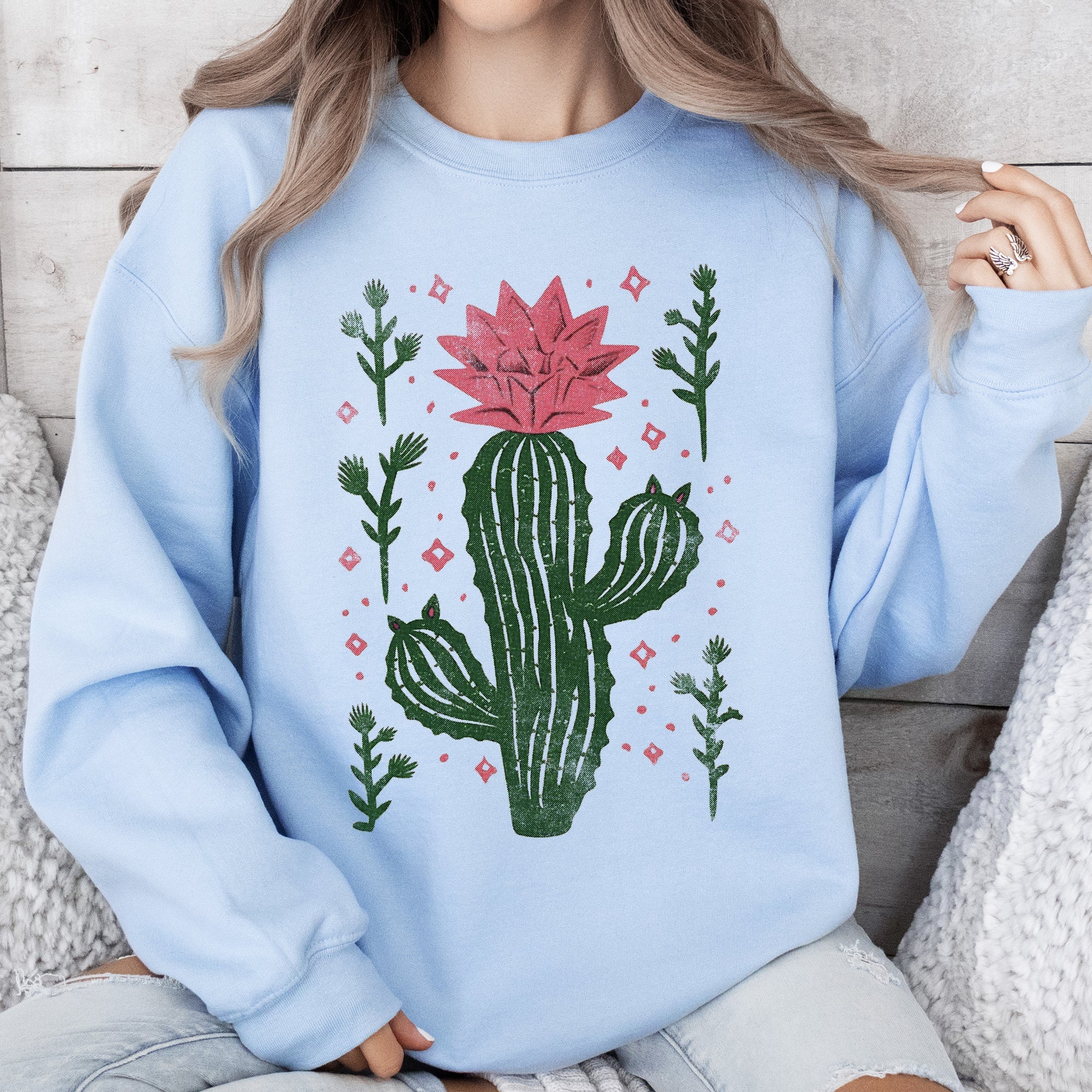 Flowering Desert Cactus and Succulent Plants Cowgirl Western Floral Motif Sweatshirt