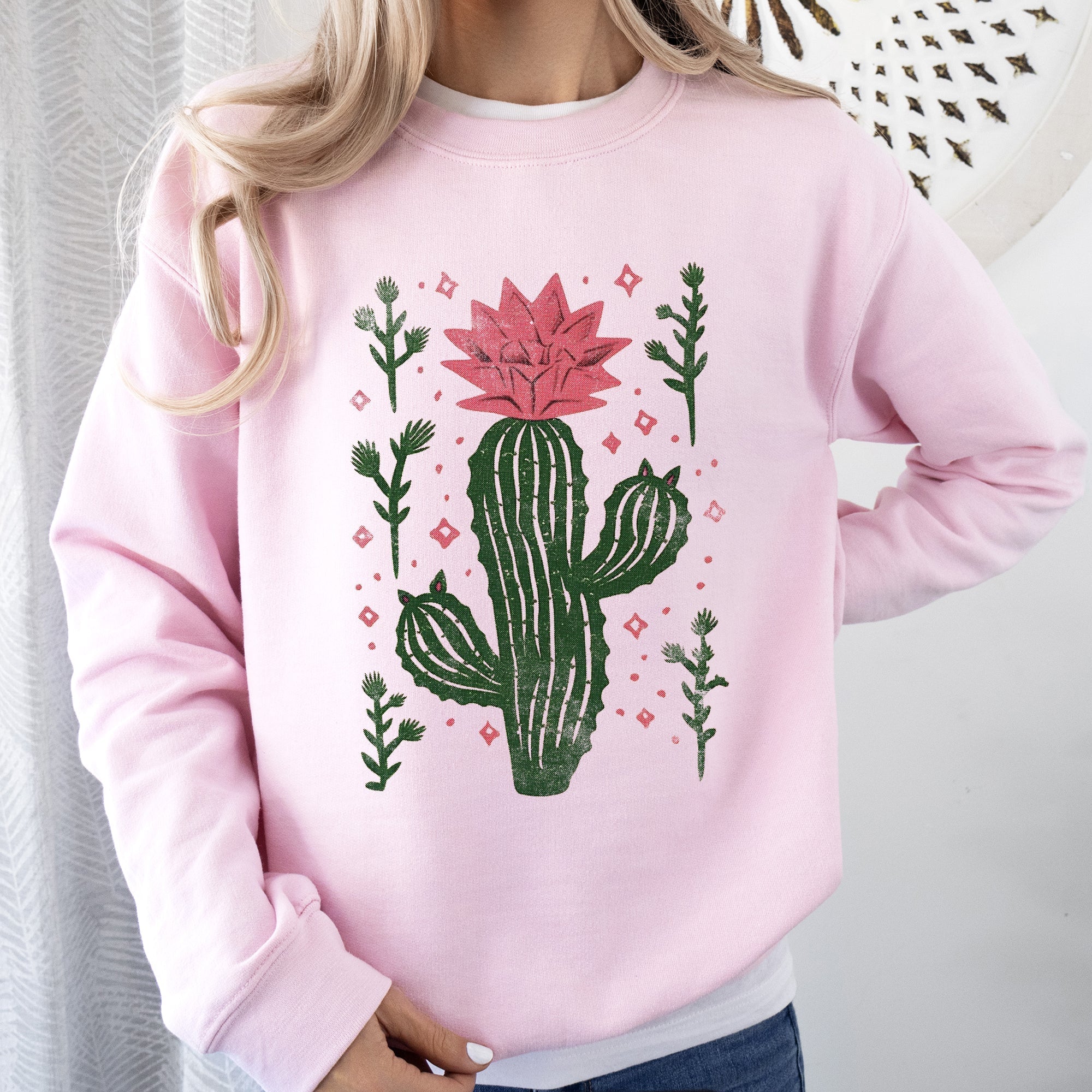 Flowering Desert Cactus and Succulent Plants Cowgirl Western Floral Motif Sweatshirt