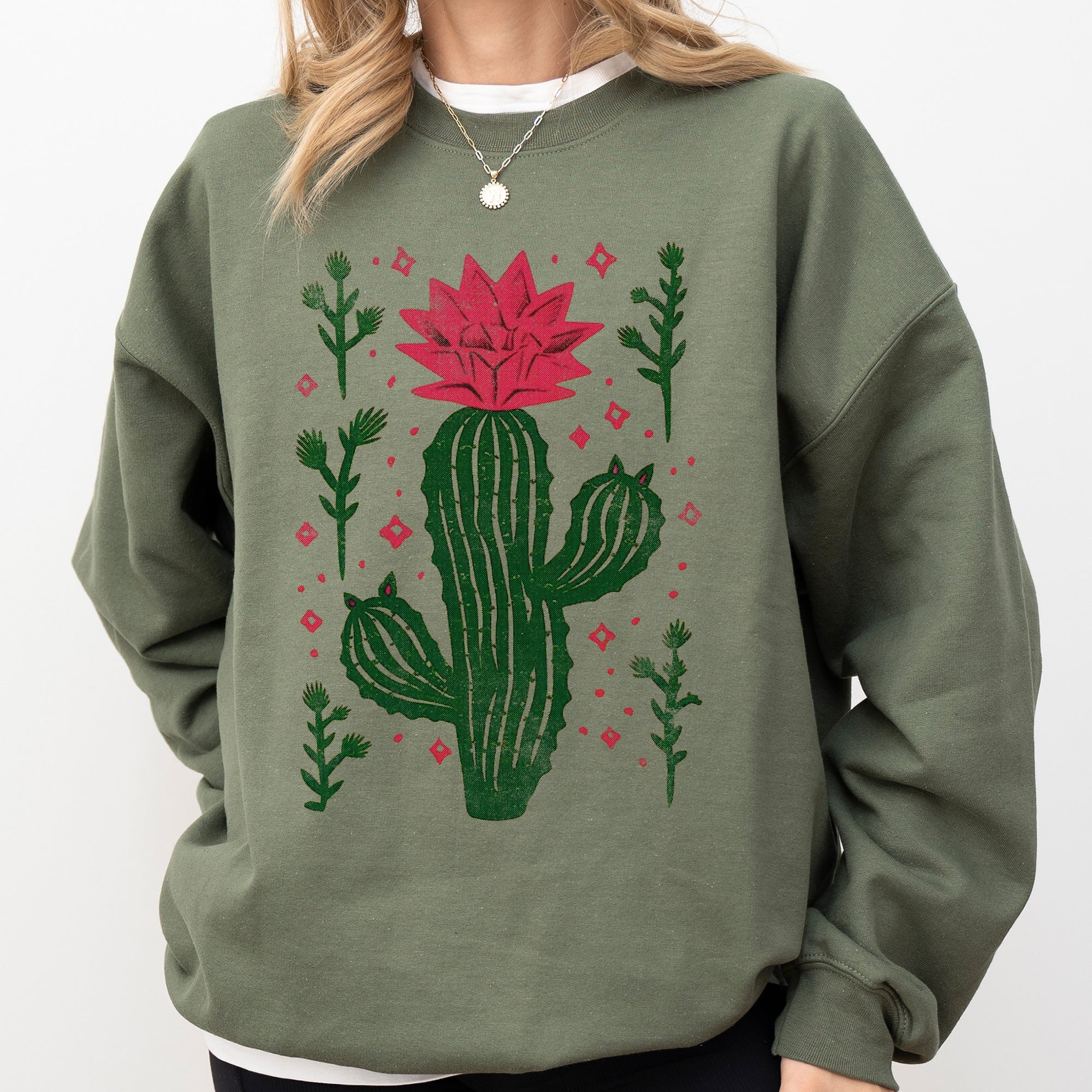Flowering Desert Cactus and Succulent Plants Cowgirl Western Floral Motif Sweatshirt