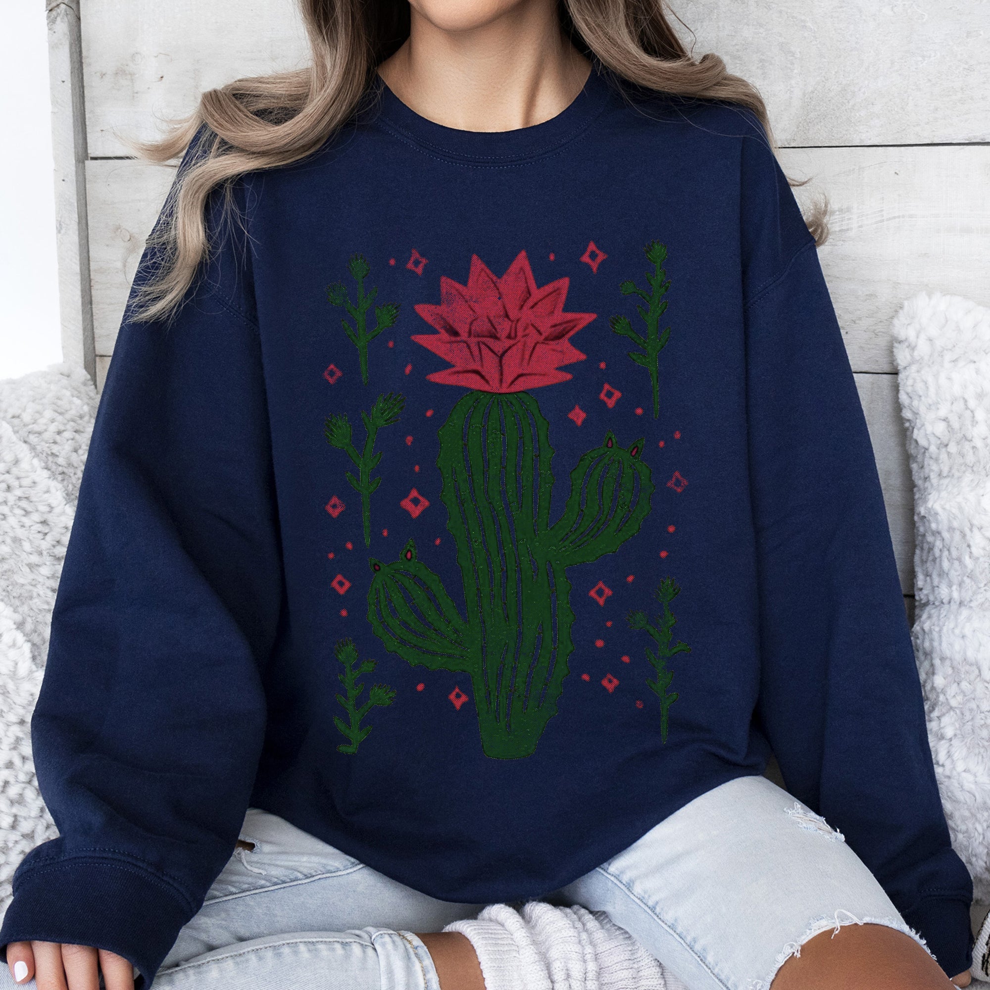 Flowering Desert Cactus and Succulent Plants Cowgirl Western Floral Motif Sweatshirt