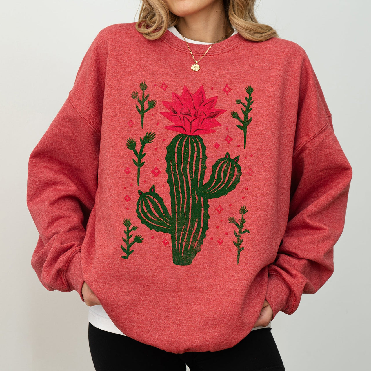 Flowering Desert Cactus and Succulent Plants Cowgirl Western Floral Motif Sweatshirt