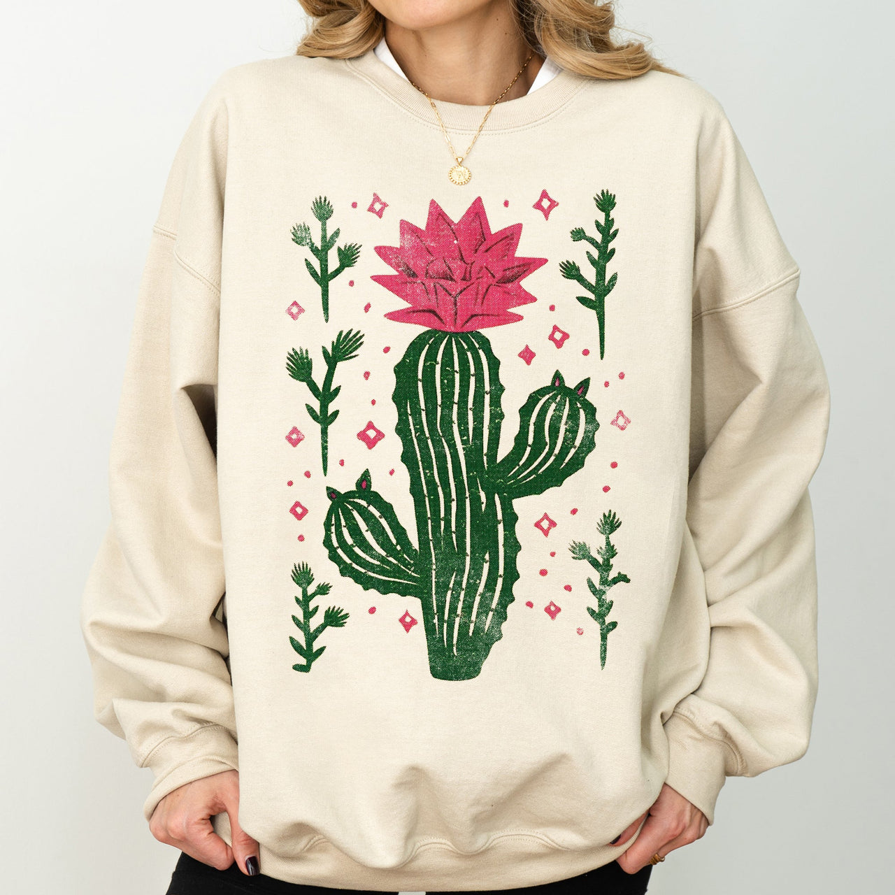 Flowering Desert Cactus and Succulent Plants Cowgirl Western Floral Motif Sweatshirt