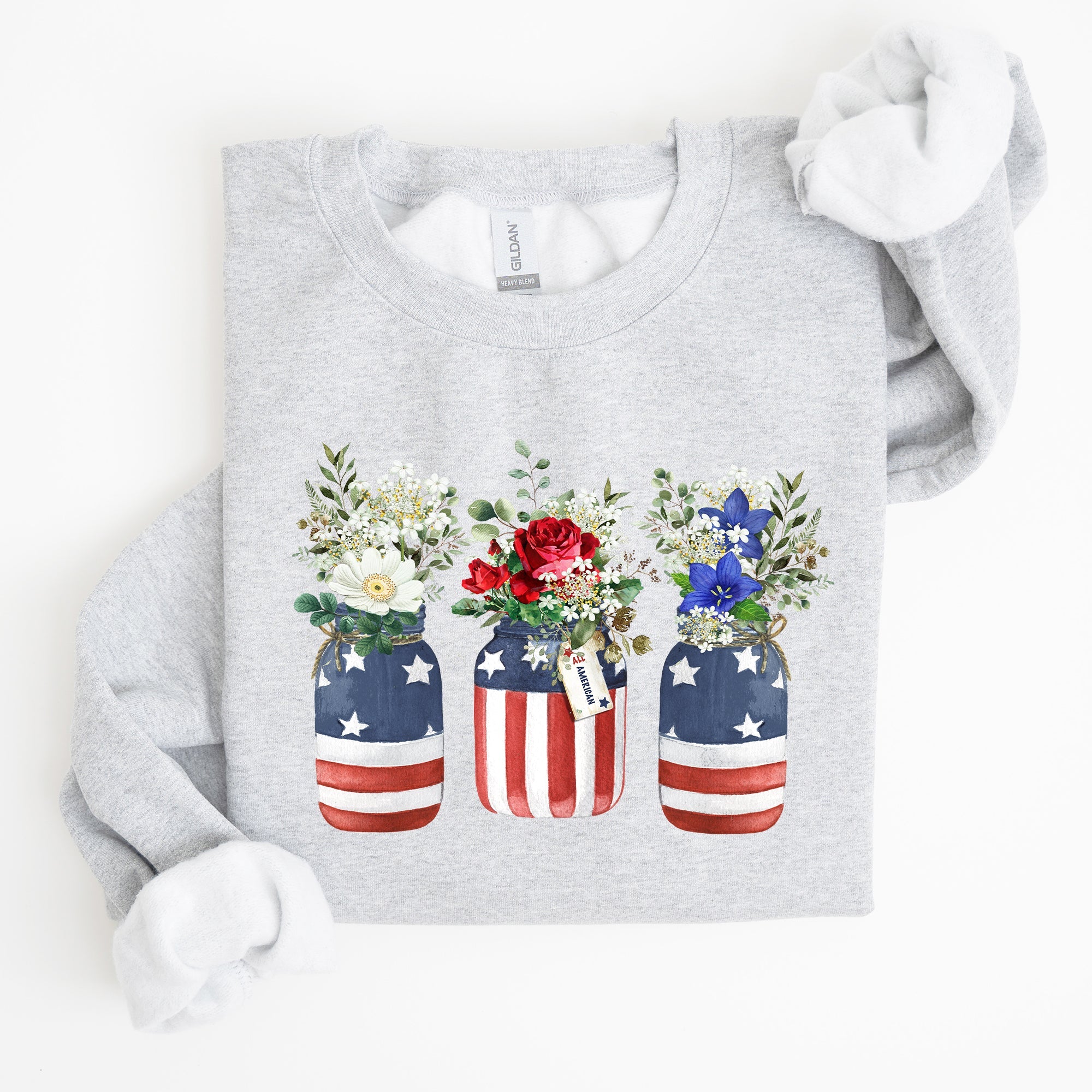 Flowers In Mason Jars All American Patriotic Floral Americana Outdoor Pride Sweatshirt