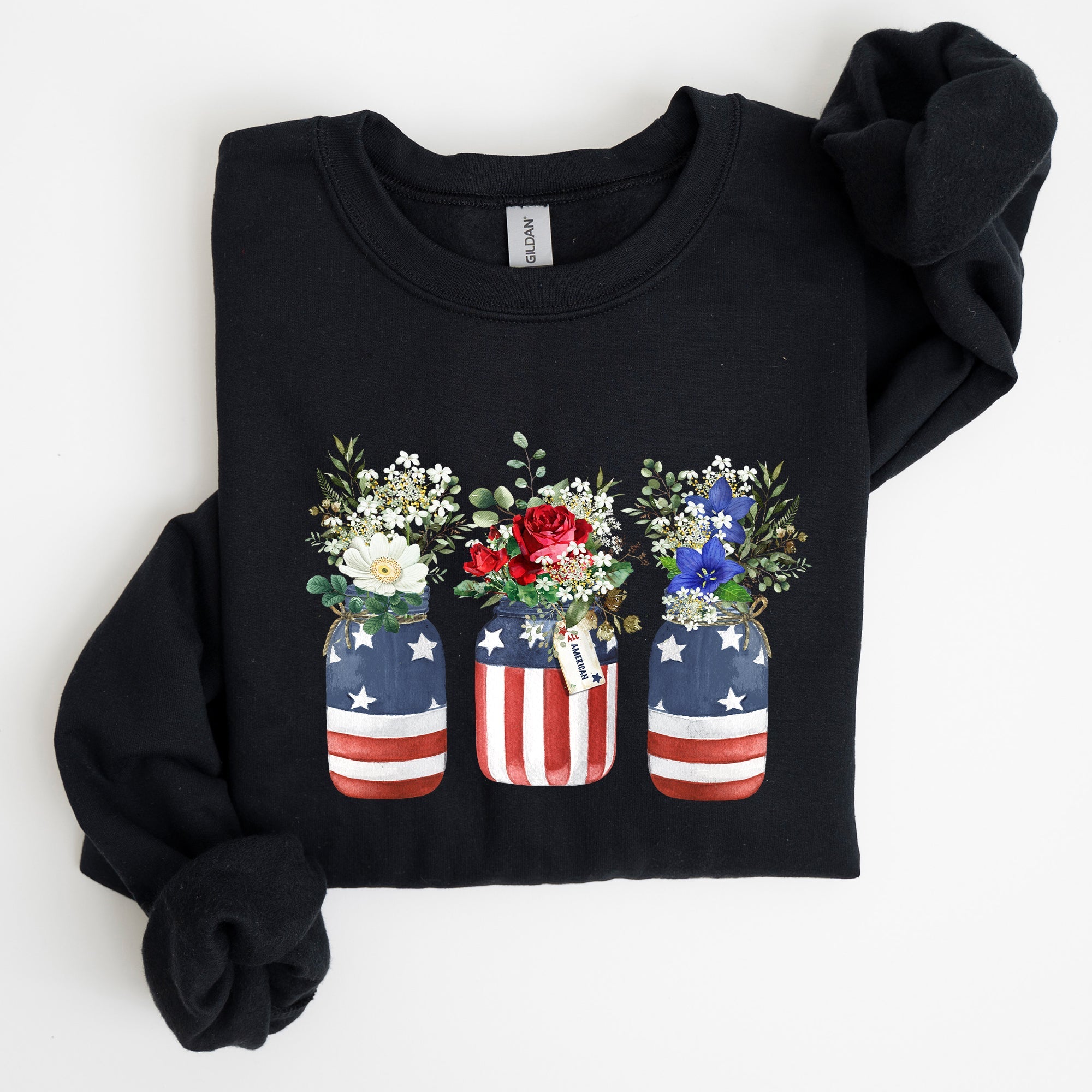 Flowers In Mason Jars All American Patriotic Floral Americana Outdoor Pride Sweatshirt