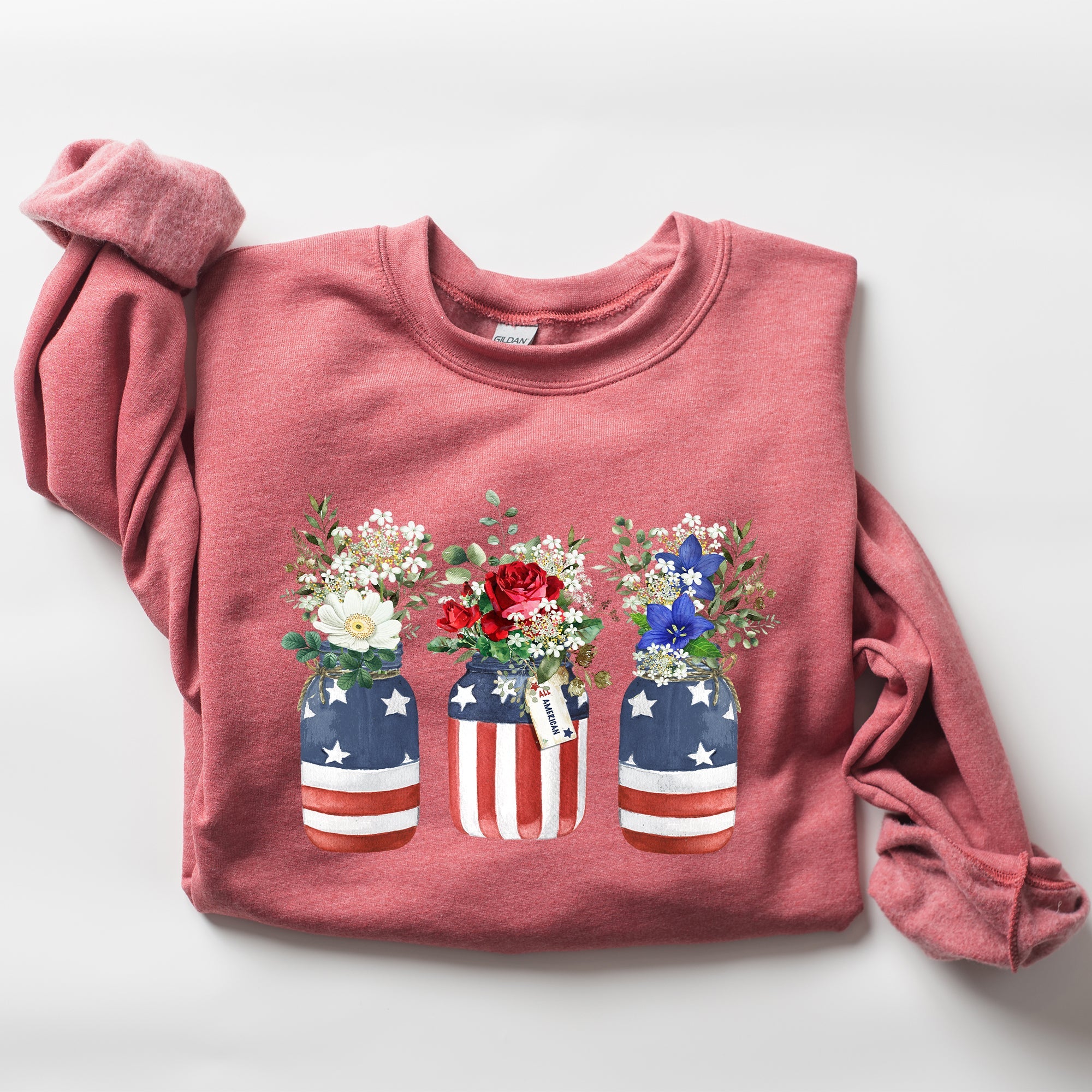 Flowers In Mason Jars All American Patriotic Floral Americana Outdoor Pride Sweatshirt