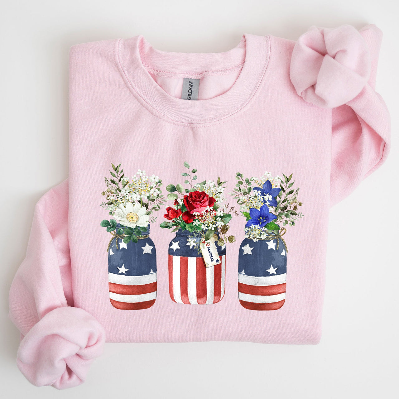 Flowers In Mason Jars All American Patriotic Floral Americana Outdoor Pride Sweatshirt