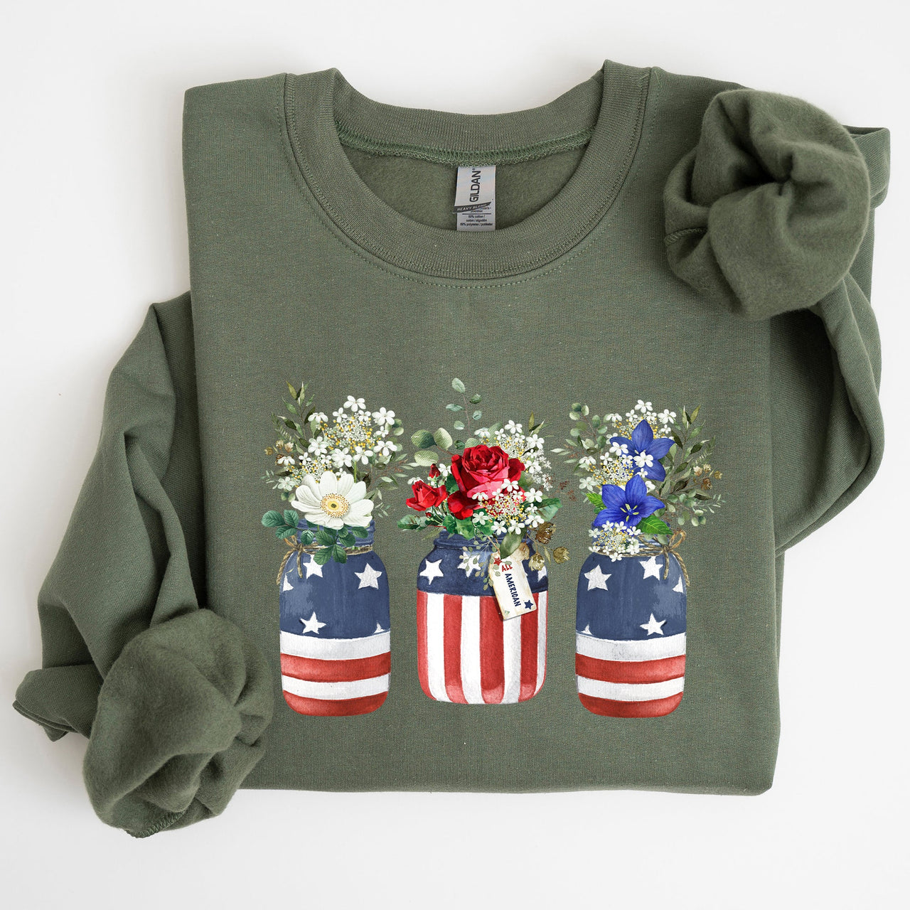 Flowers In Mason Jars All American Patriotic Floral Americana Outdoor Pride Sweatshirt