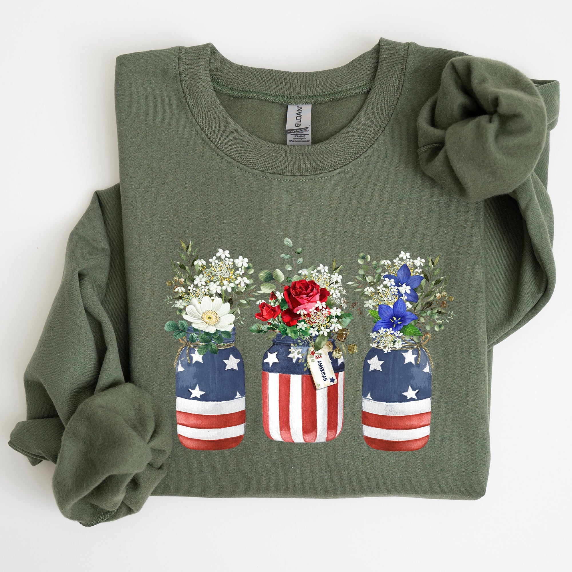 Flowers In Mason Jars All American Patriotic Floral Americana Outdoor Pride Sweatshirt