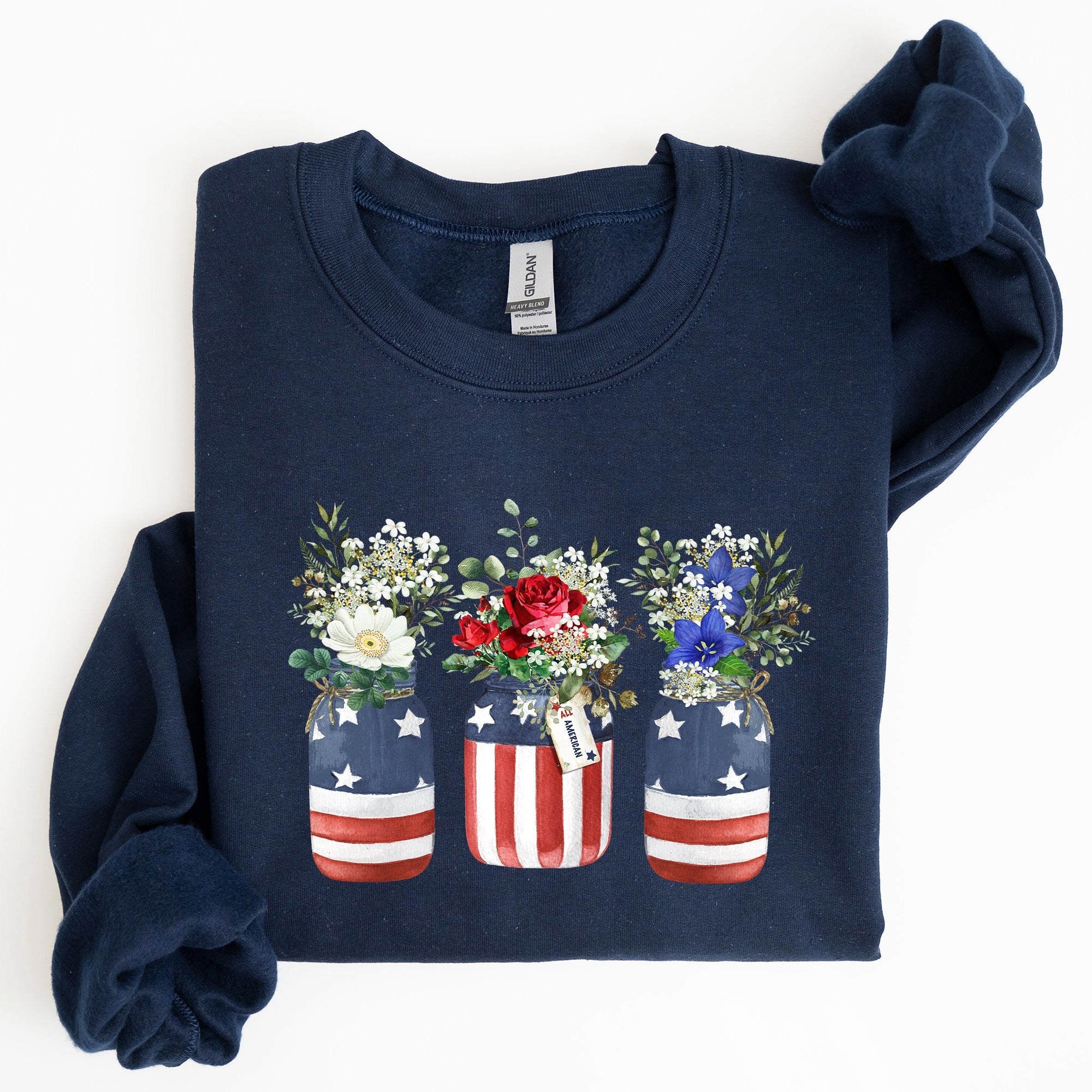 Flowers In Mason Jars All American Patriotic Floral Americana Outdoor Pride Sweatshirt