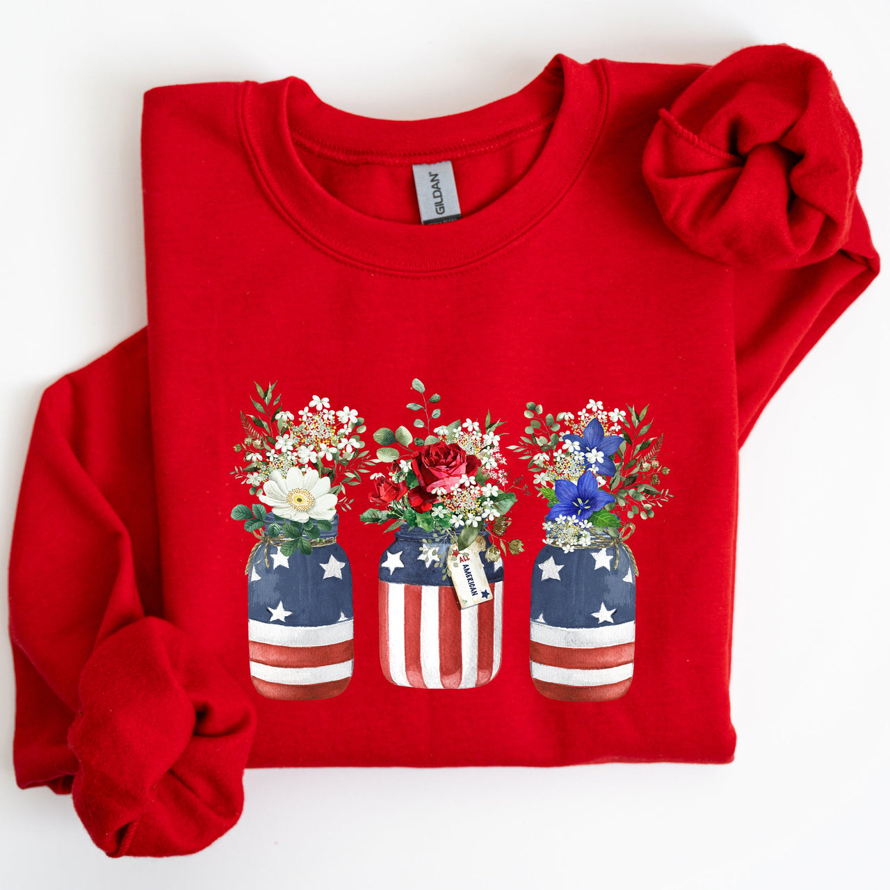 Flowers In Mason Jars All American Patriotic Floral Americana Outdoor Pride Sweatshirt