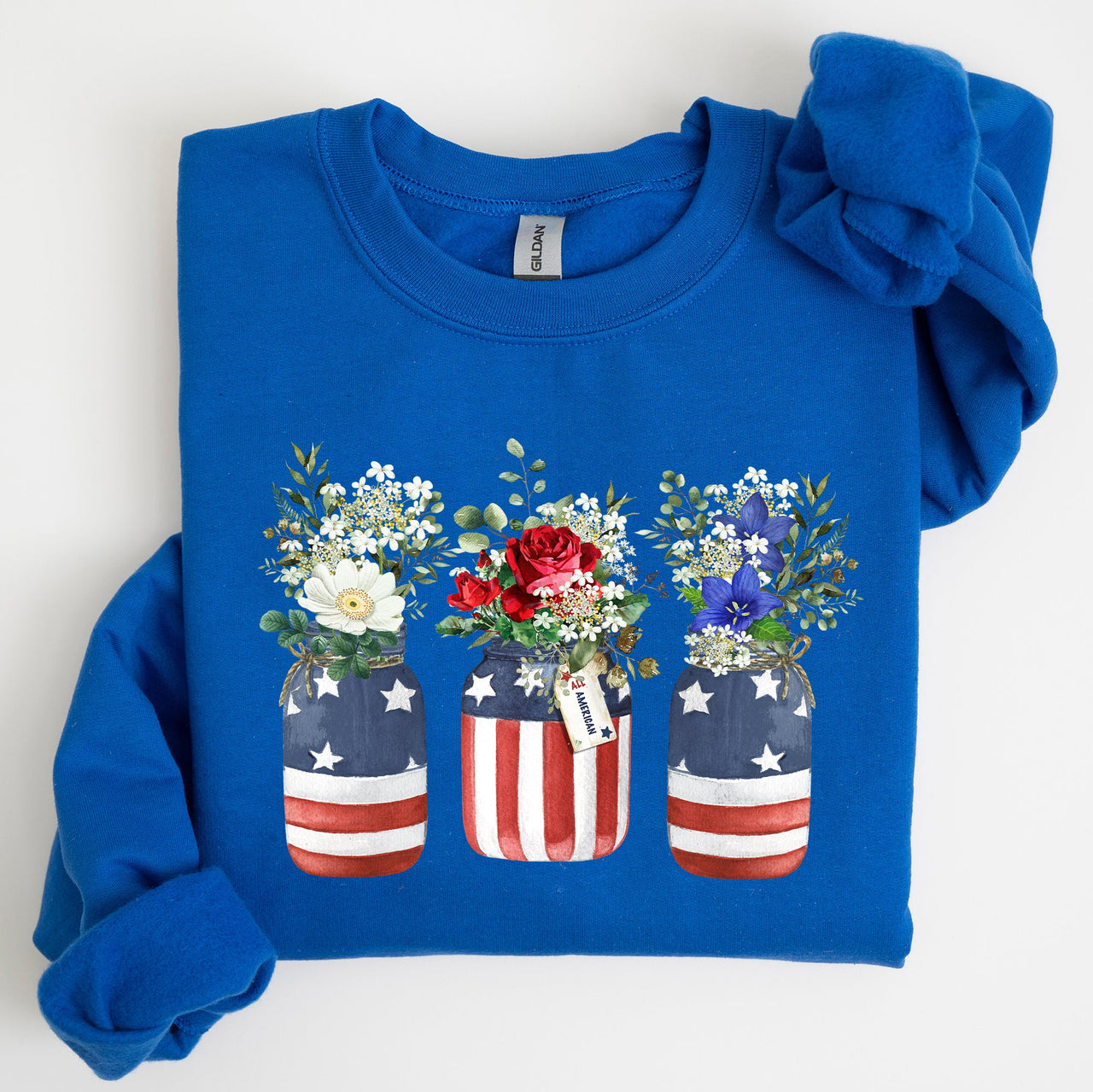 Flowers In Mason Jars All American Patriotic Floral Americana Outdoor Pride Sweatshirt