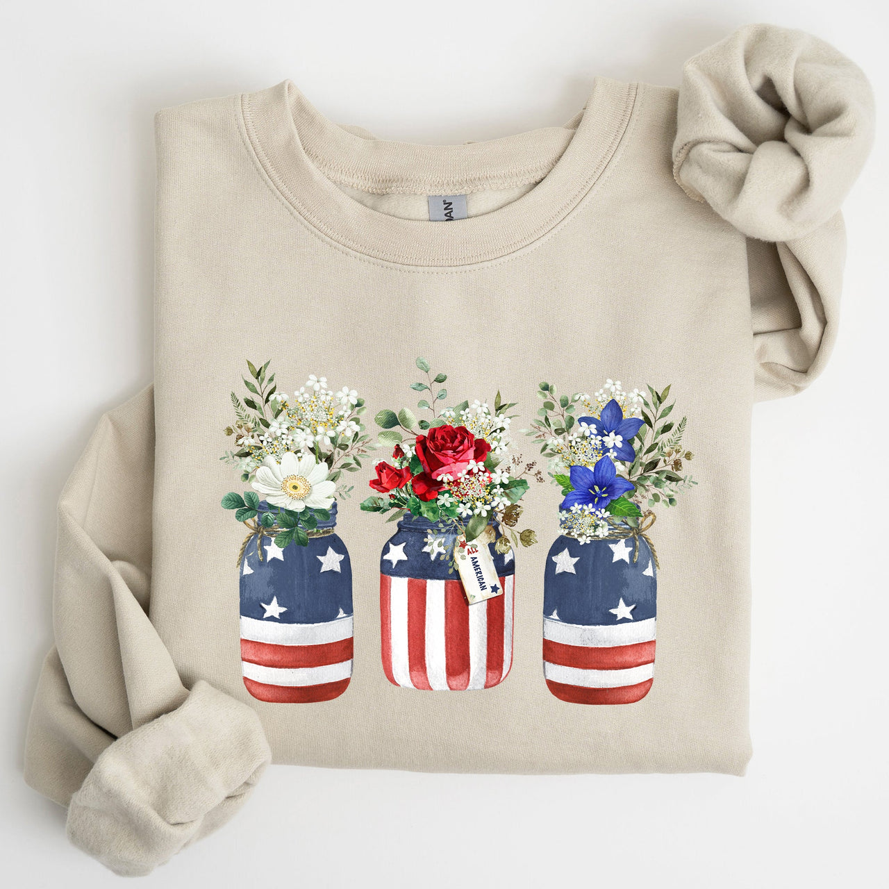 Flowers In Mason Jars All American Patriotic Floral Americana Outdoor Pride Sweatshirt
