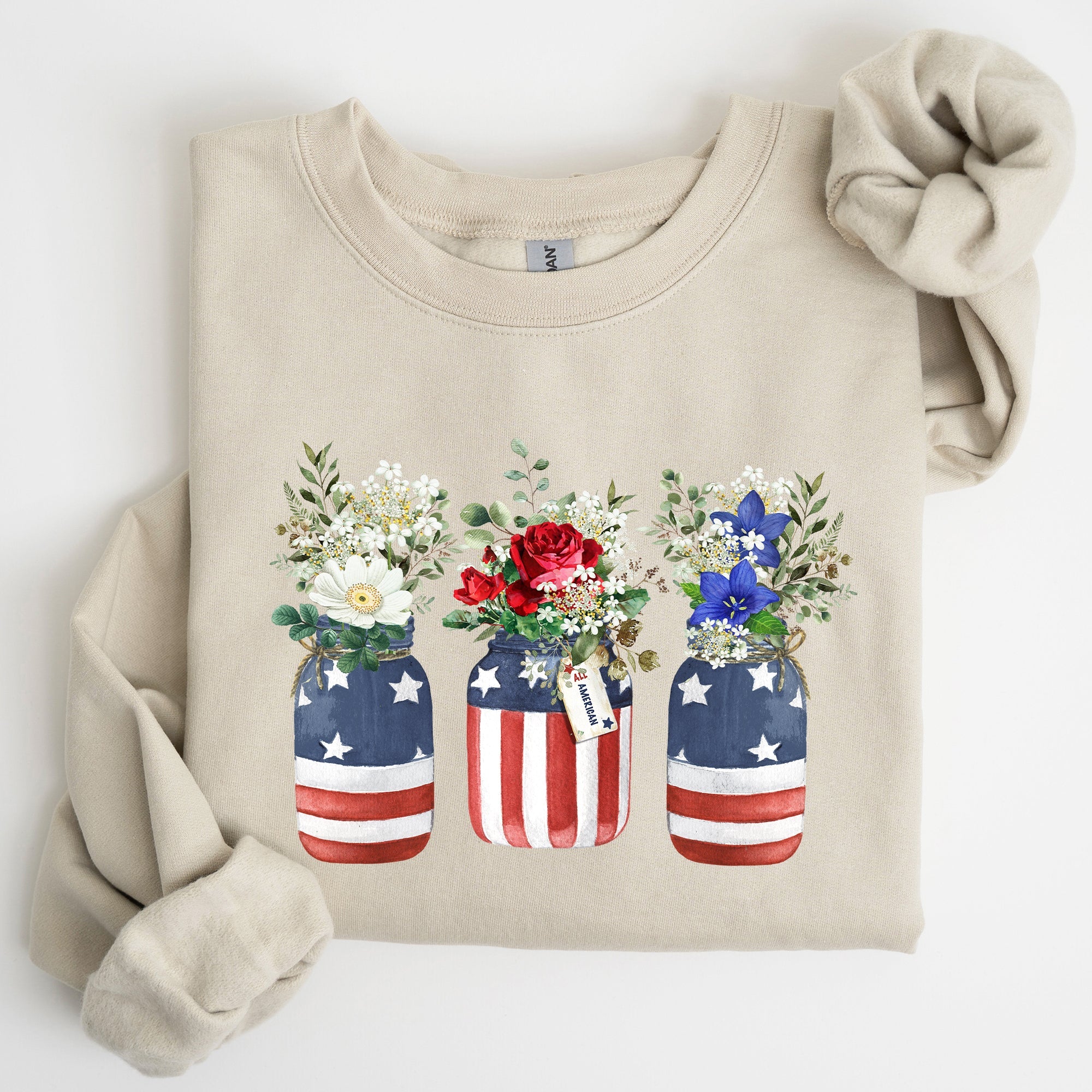 Flowers In Mason Jars All American Patriotic Floral Americana Outdoor Pride Sweatshirt