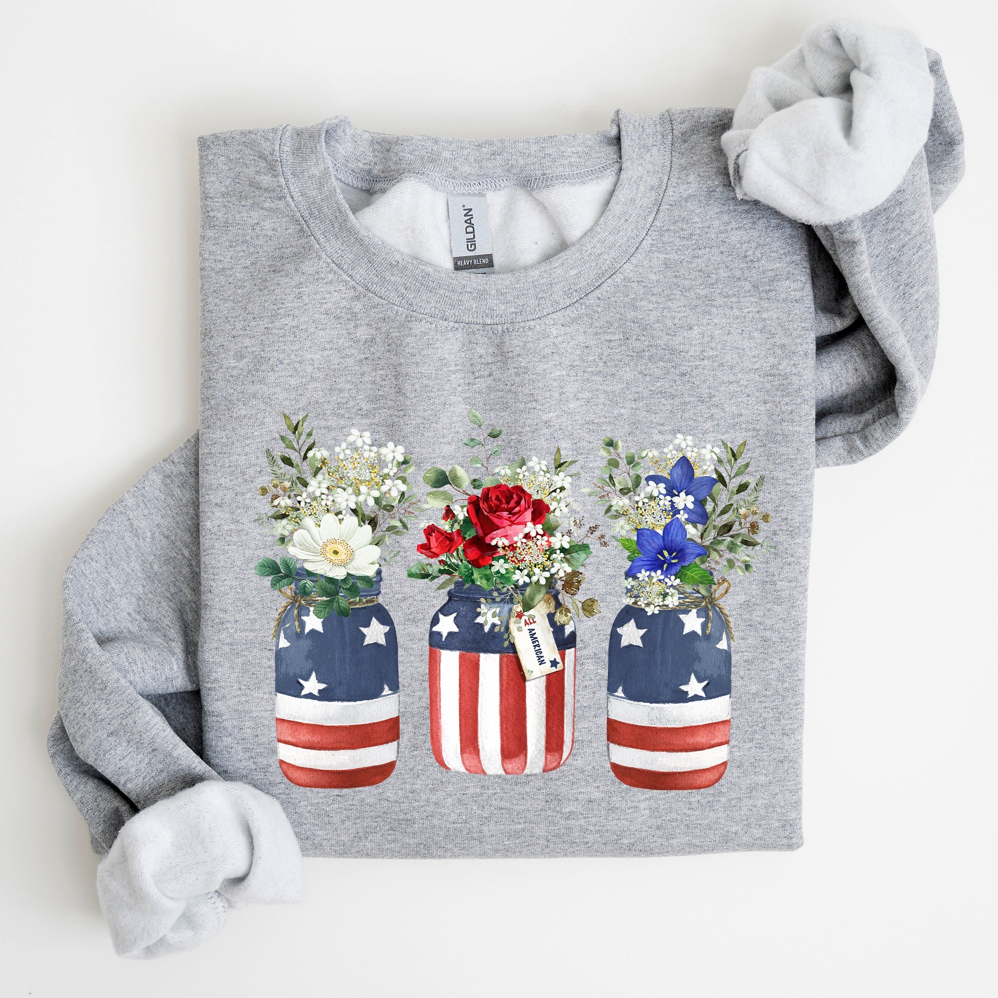 Flowers In Mason Jars All American Patriotic Floral Americana Outdoor Pride Sweatshirt
