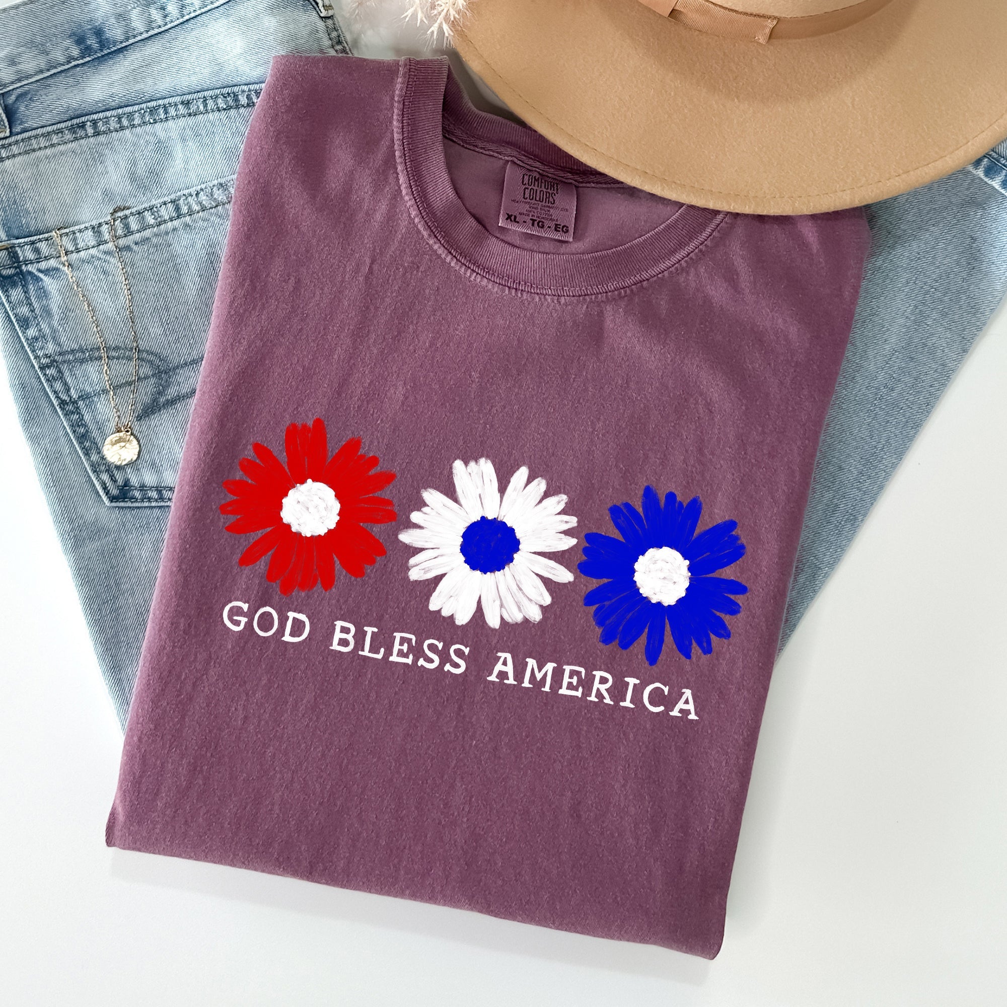 Flowers God Bless America Red White Blue Patriotic Floral Retro Americana Theme Comfort Colors Tee